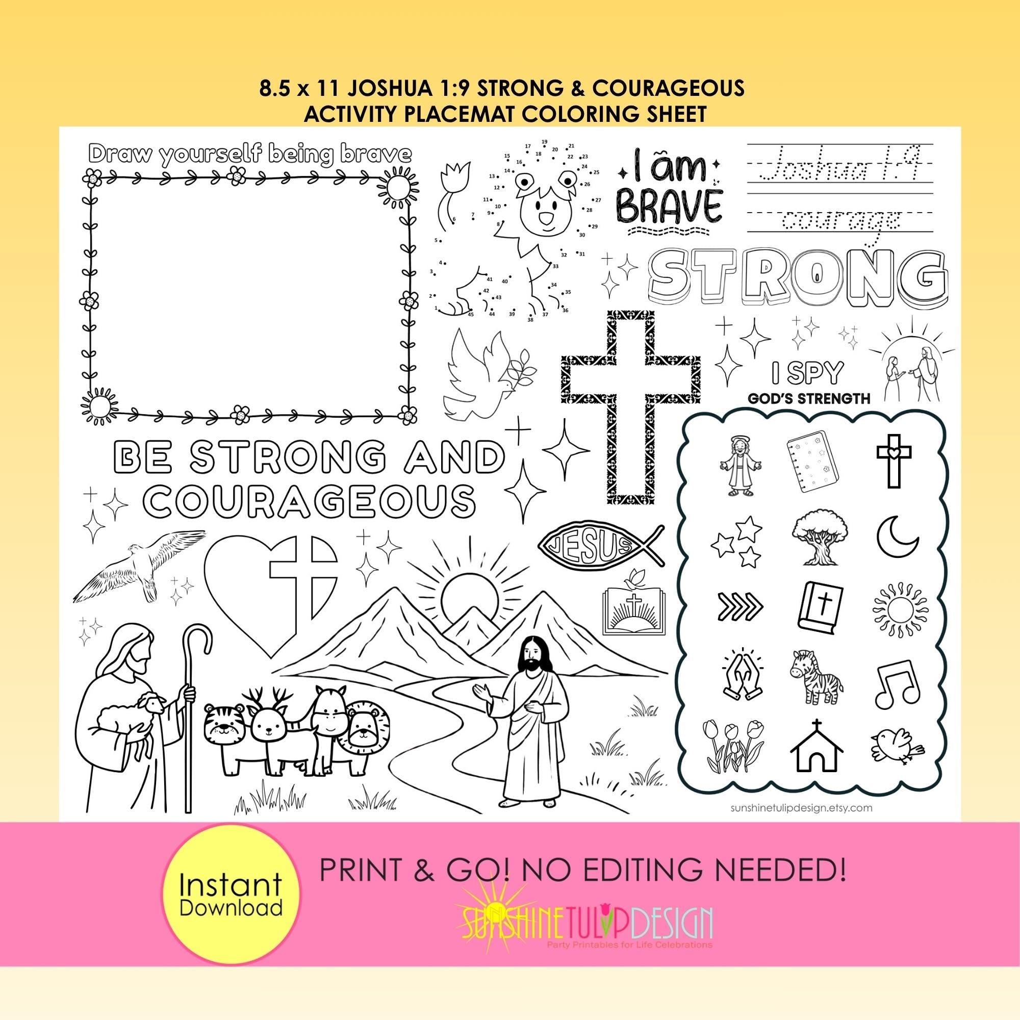 Be Strong & Courageous Activity Placemat | Joshua 1:9 Printable | Christian Coloring Activity Kids | Christian Placemat Church Activity