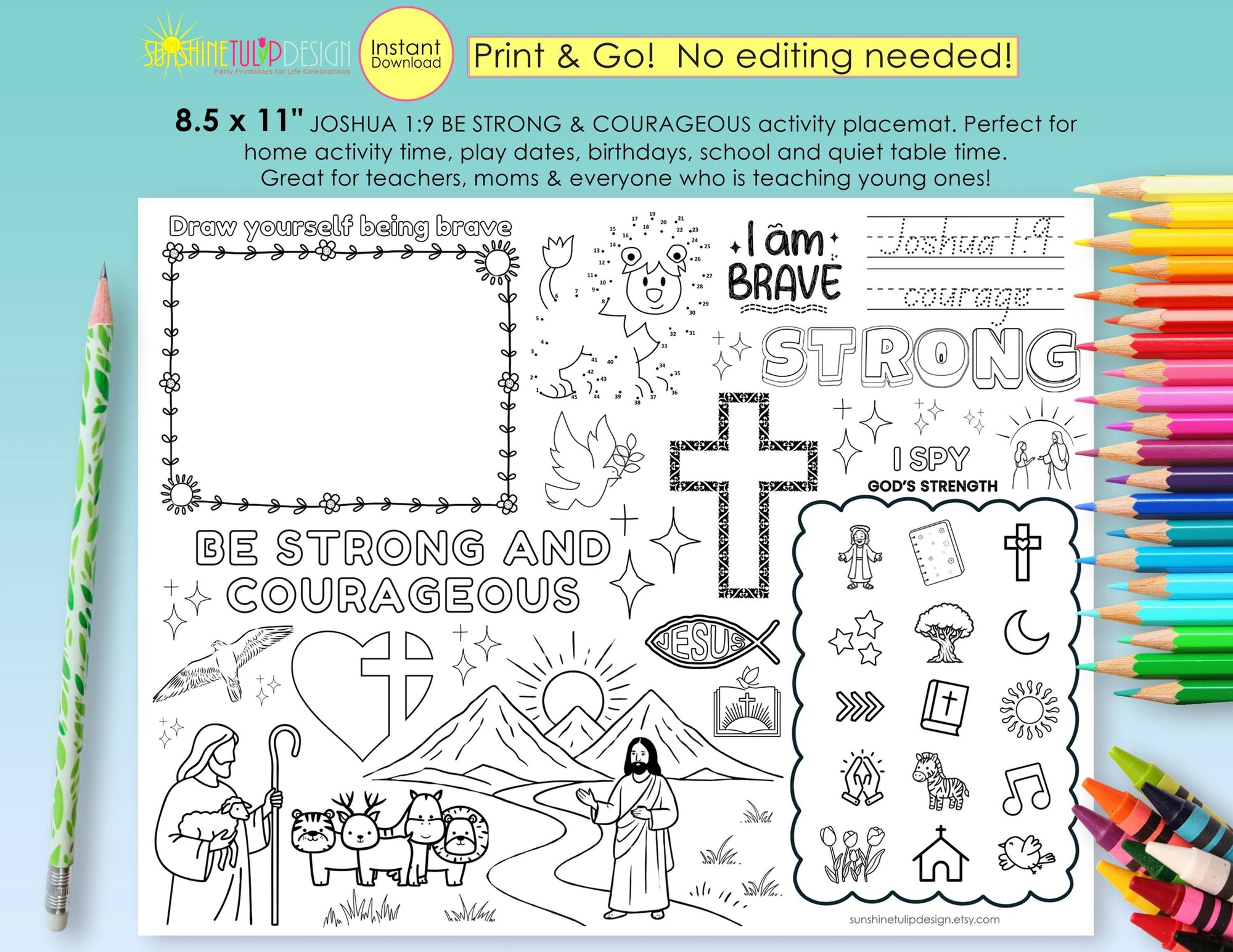 Be Strong & Courageous Activity Placemat | Joshua 1:9 Printable | Christian Coloring Activity Kids | Christian Placemat Church Activity