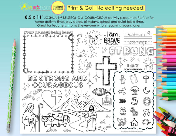 Be Strong & Courageous Activity Placemat | Joshua 1:9 Printable | Christian Coloring Activity Kids | Christian Placemat Church Activity