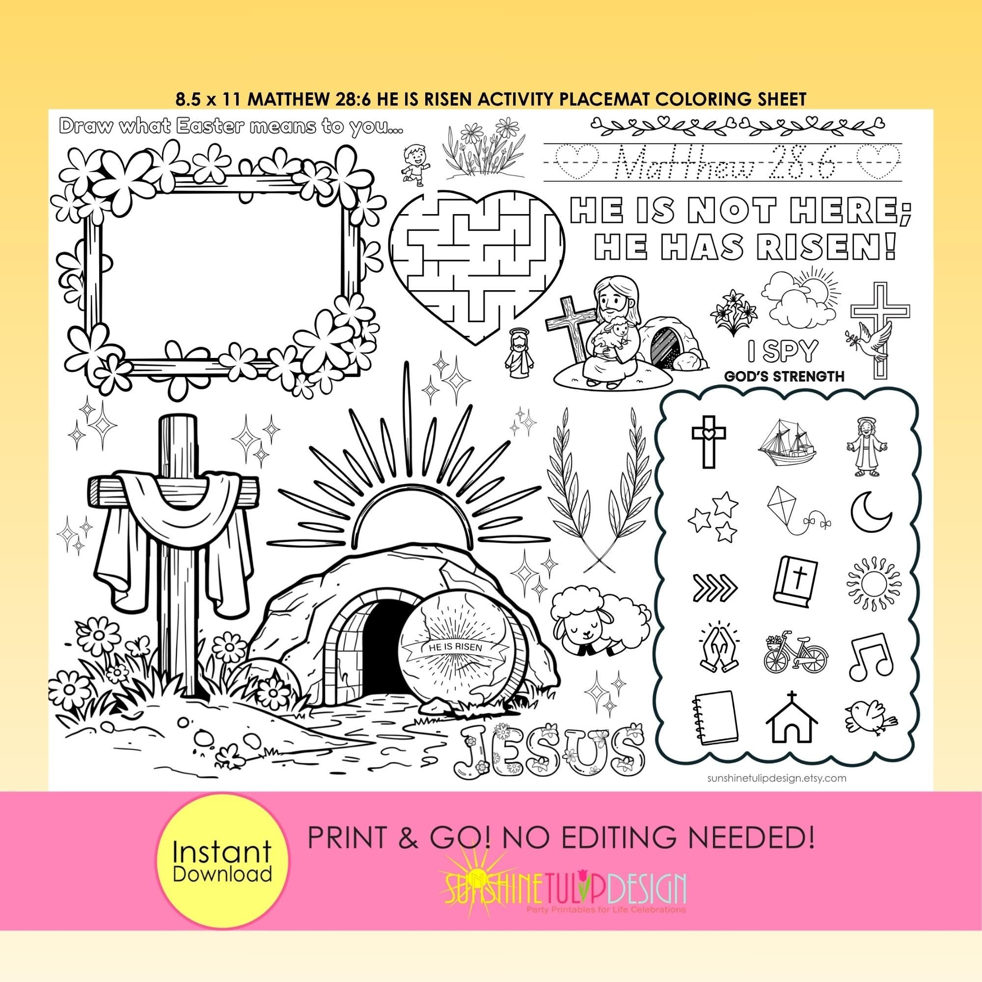He is Risen Activity Placemat | Matthew 28:6 Printable | Christian Coloring Activity Kids | Print and Go Faith Worksheet | Jesus is Risen