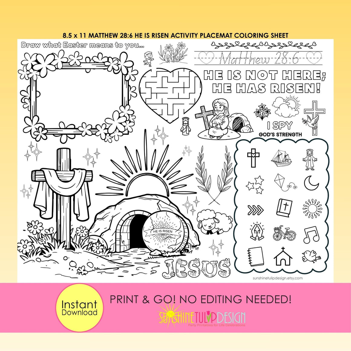 He is Risen Activity Placemat | Matthew 28:6 Printable | Christian Coloring Activity Kids | Print and Go Faith Worksheet | Jesus is Risen