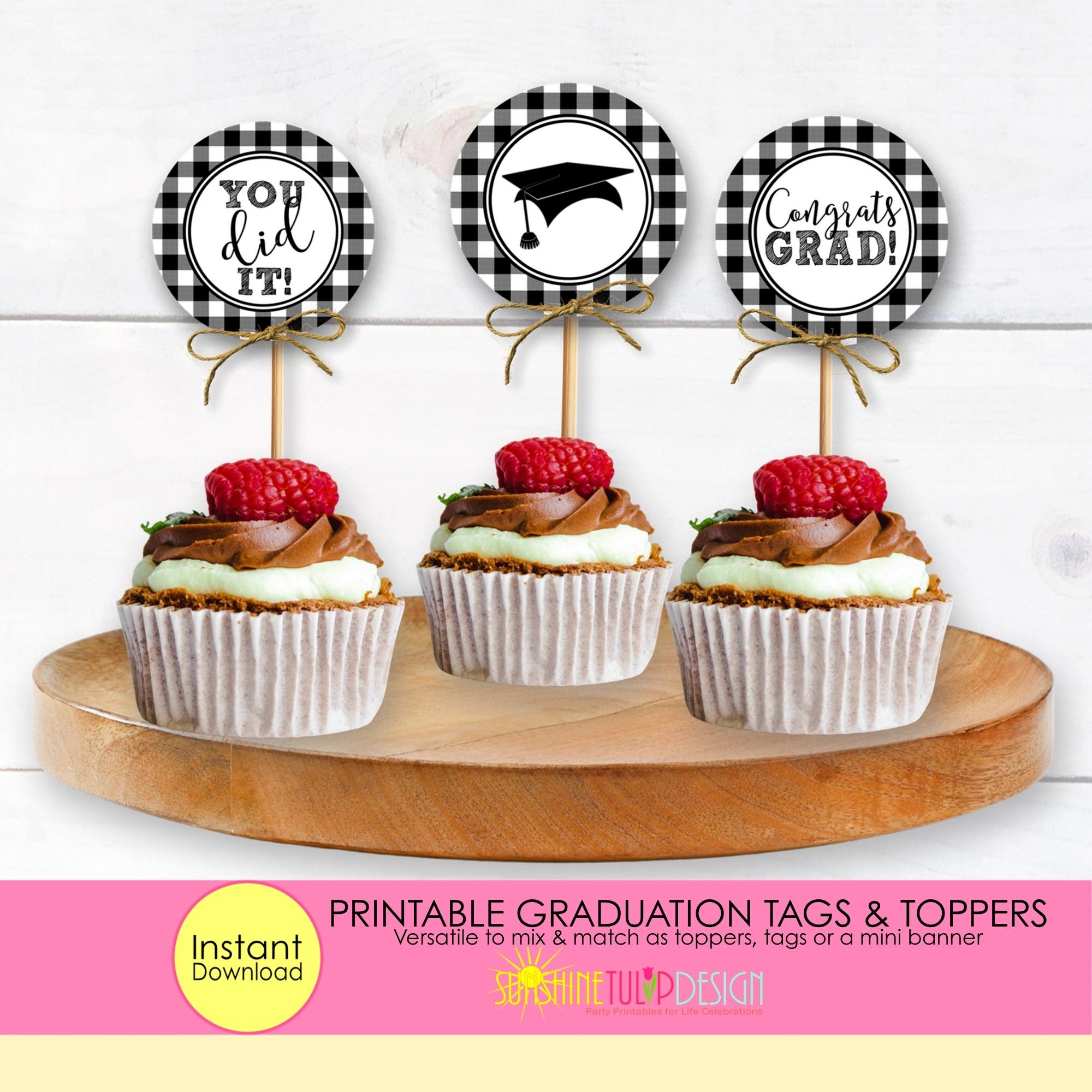 Graduation Cupcake Toppers Printable, Graduation Gift Tags, Black and White Graduation Toppers, Grad Party Party Picks, Graduate Topper