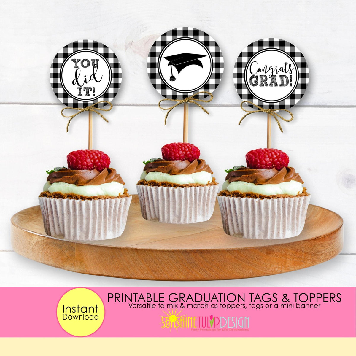 Graduation Cupcake Toppers Printable, Graduation Gift Tags, Black and White Graduation Toppers, Grad Party Party Picks, Graduate Topper