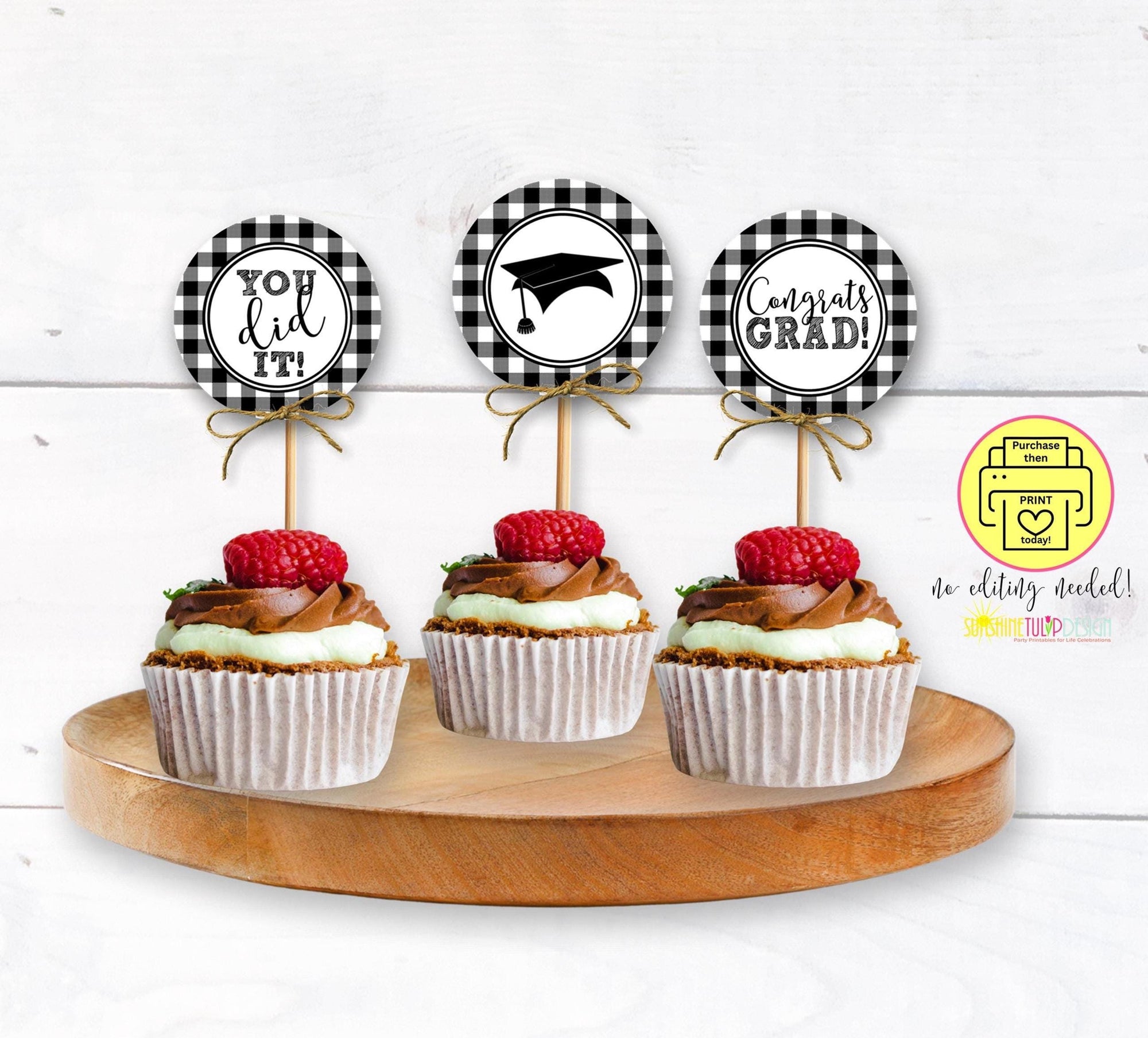 Graduation Cupcake Toppers Printable, Graduation Gift Tags, Black and White Graduation Toppers, Grad Party Party Picks, Graduate Topper