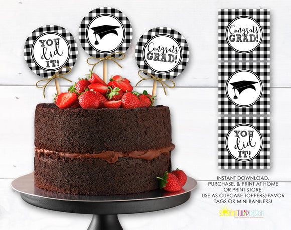 Graduation Cupcake Toppers Printable, Graduation Gift Tags, Black and White Graduation Toppers, Grad Party Party Picks, Graduate Topper