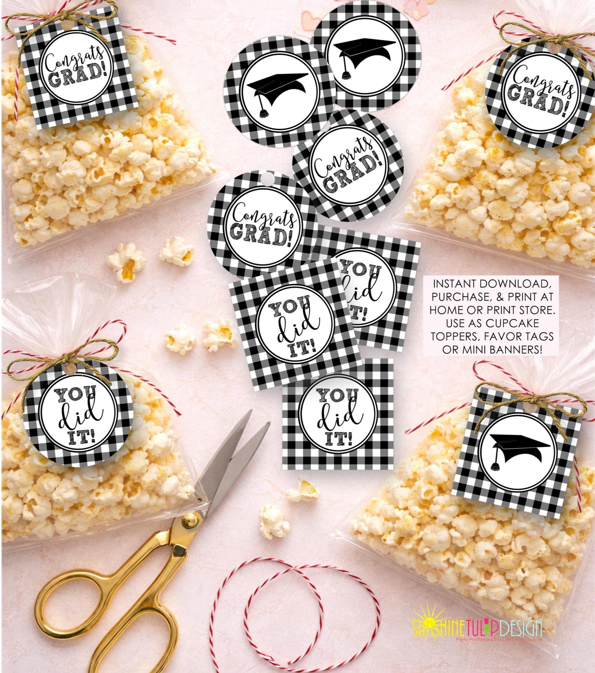 Graduation Cupcake Toppers Printable, Graduation Gift Tags, Black and White Graduation Toppers, Grad Party Party Picks, Graduate Topper