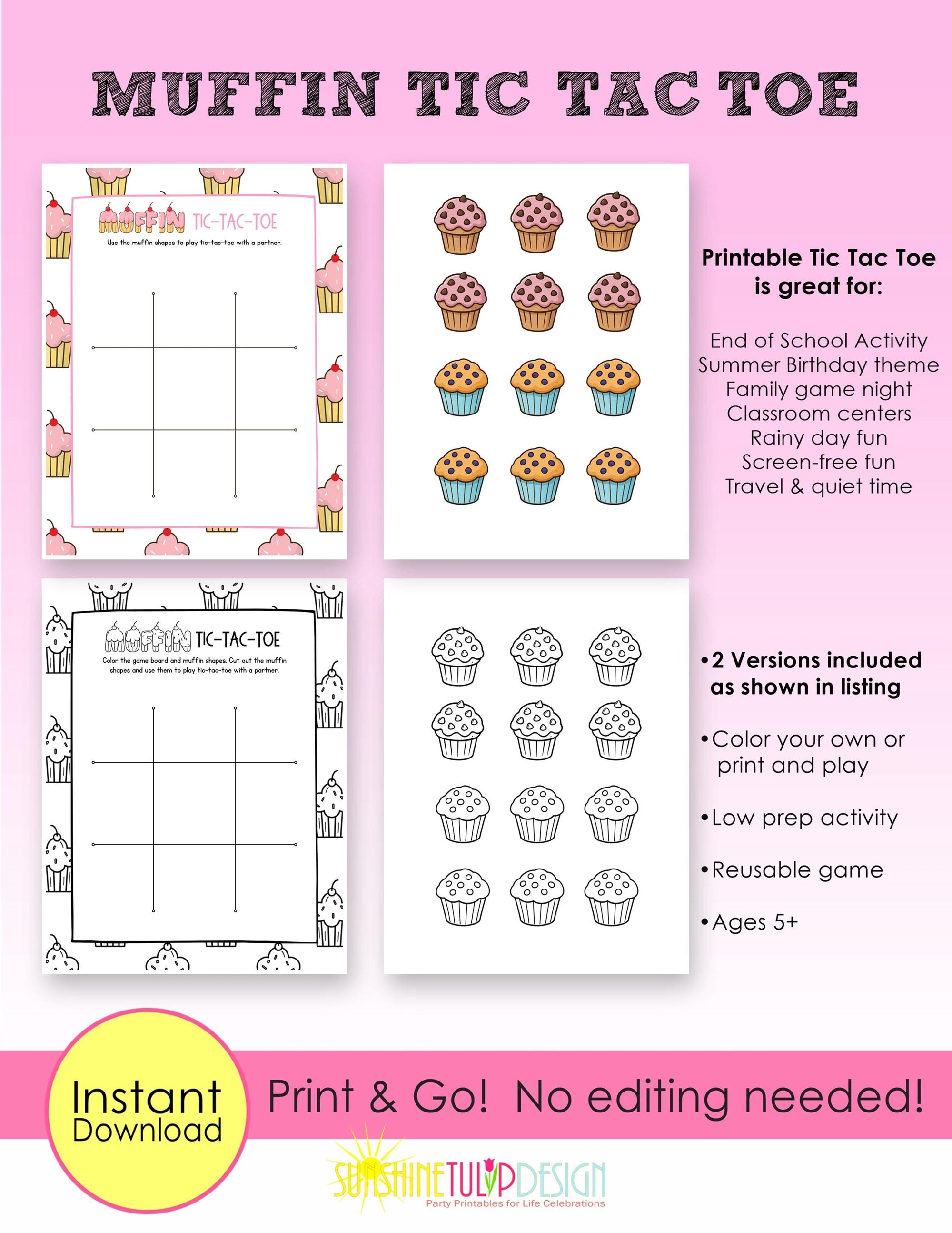 Muffin Tic Tac Toe Printable Game for Kids | Muffins with Mom Activity | Classroom Center | Family Game Night | Road Trip Game | Color B&W