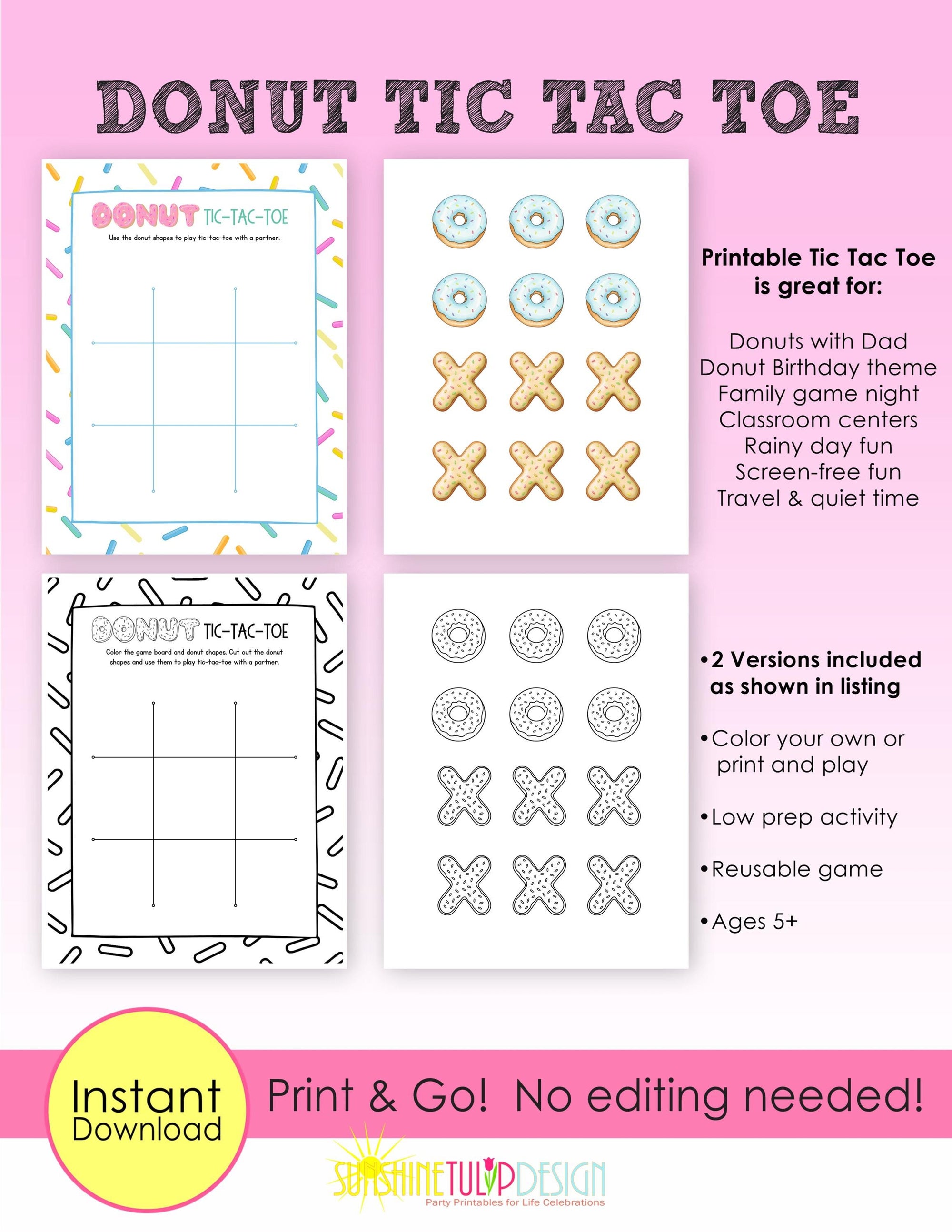 Donut Tic Tac Toe Printable Game for Kids | Donuts with Dad Activity | Classroom Center | Family Game Night | Instant Download | Color B&W