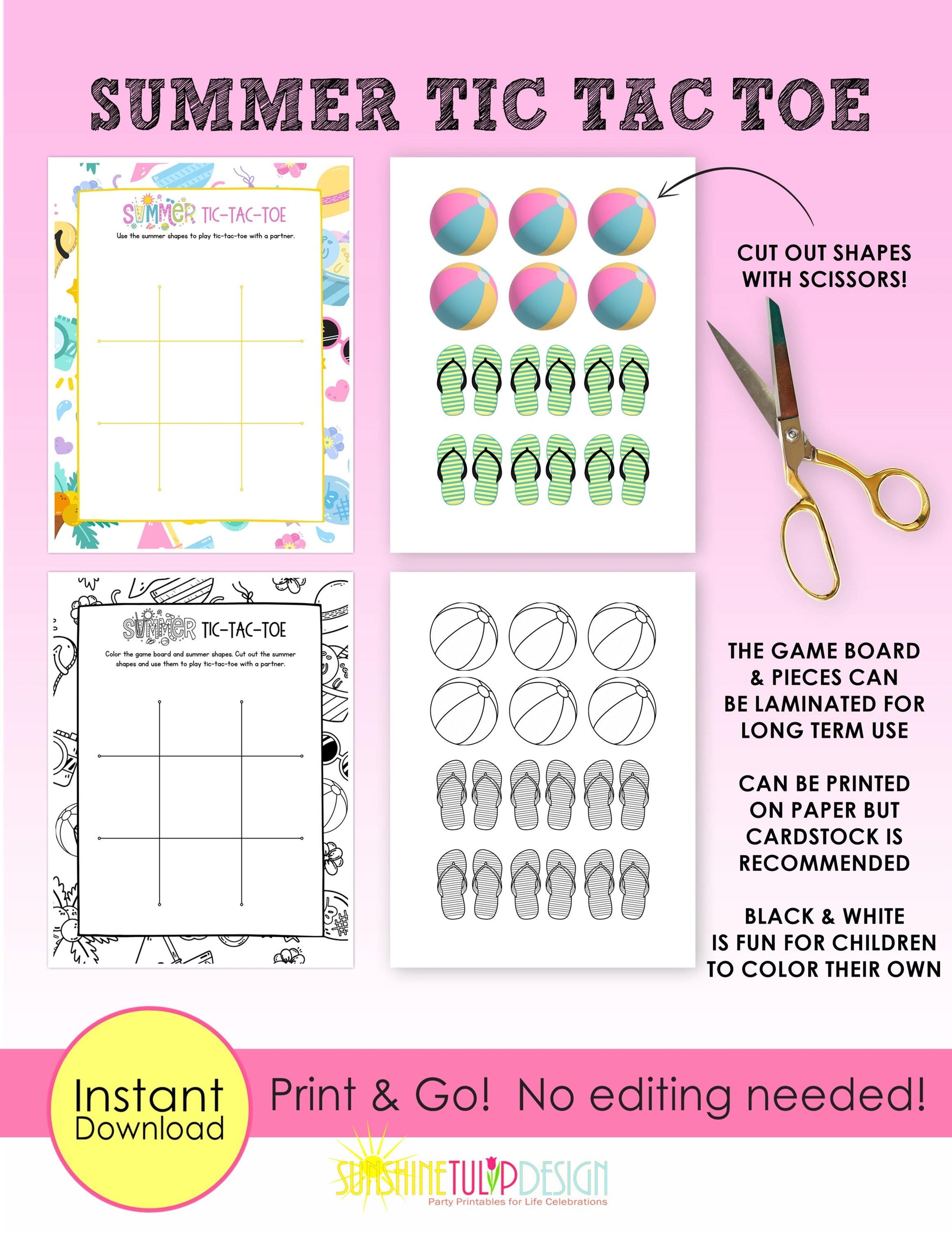 Summer Tic Tac Toe Printable Game | Tic Tac Toe Summer Activity | Classroom Center | Family Game Night | Instant Download | Color B&W