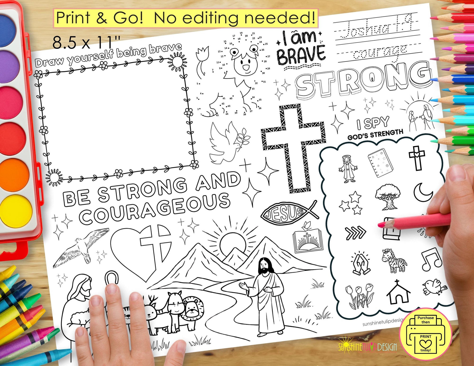 Be Strong & Courageous Activity Placemat | Joshua 1:9 Printable | Christian Coloring Activity Kids | Christian Placemat Church Activity