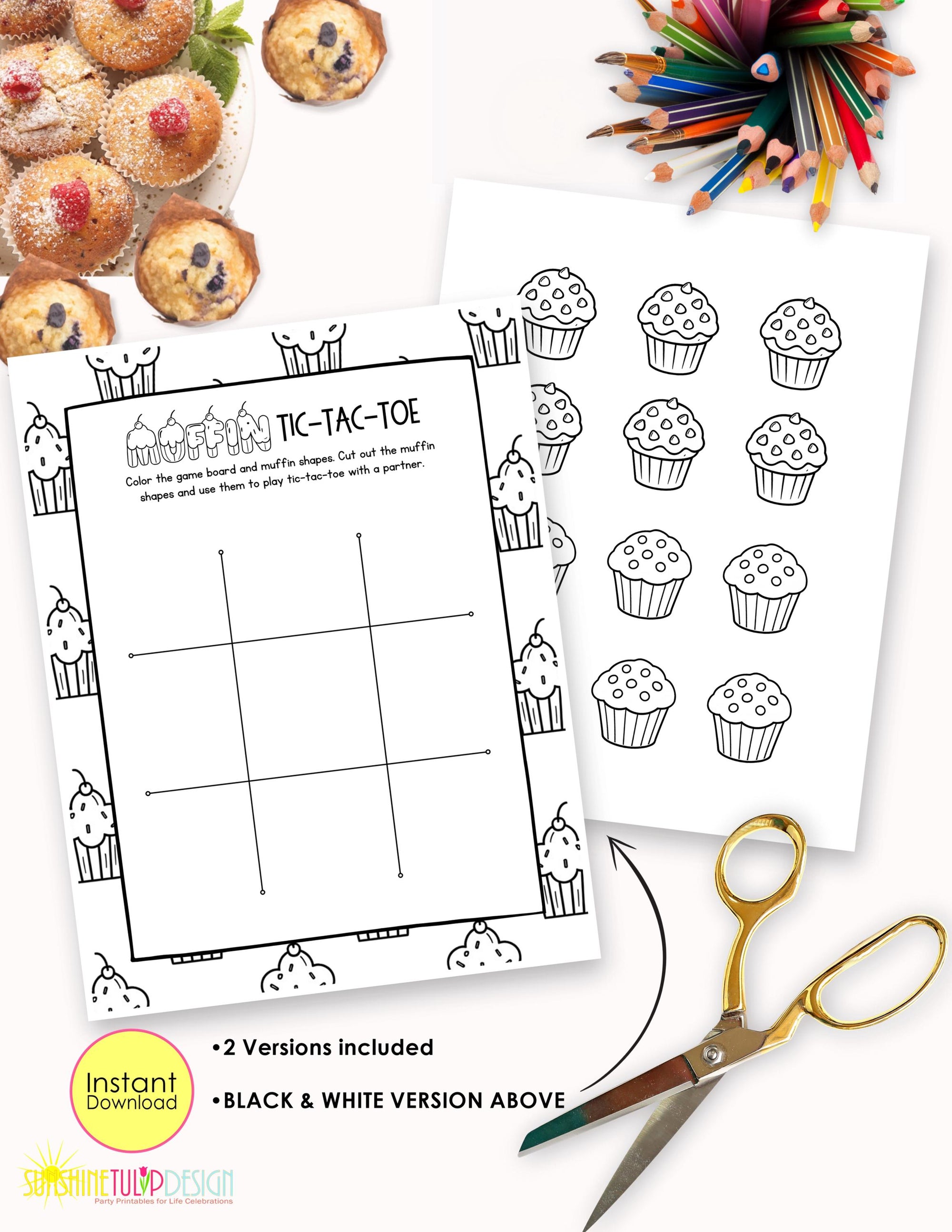 Muffin Tic Tac Toe Printable Game for Kids | Muffins with Mom Activity | Classroom Center | Family Game Night | Road Trip Game | Color B&W