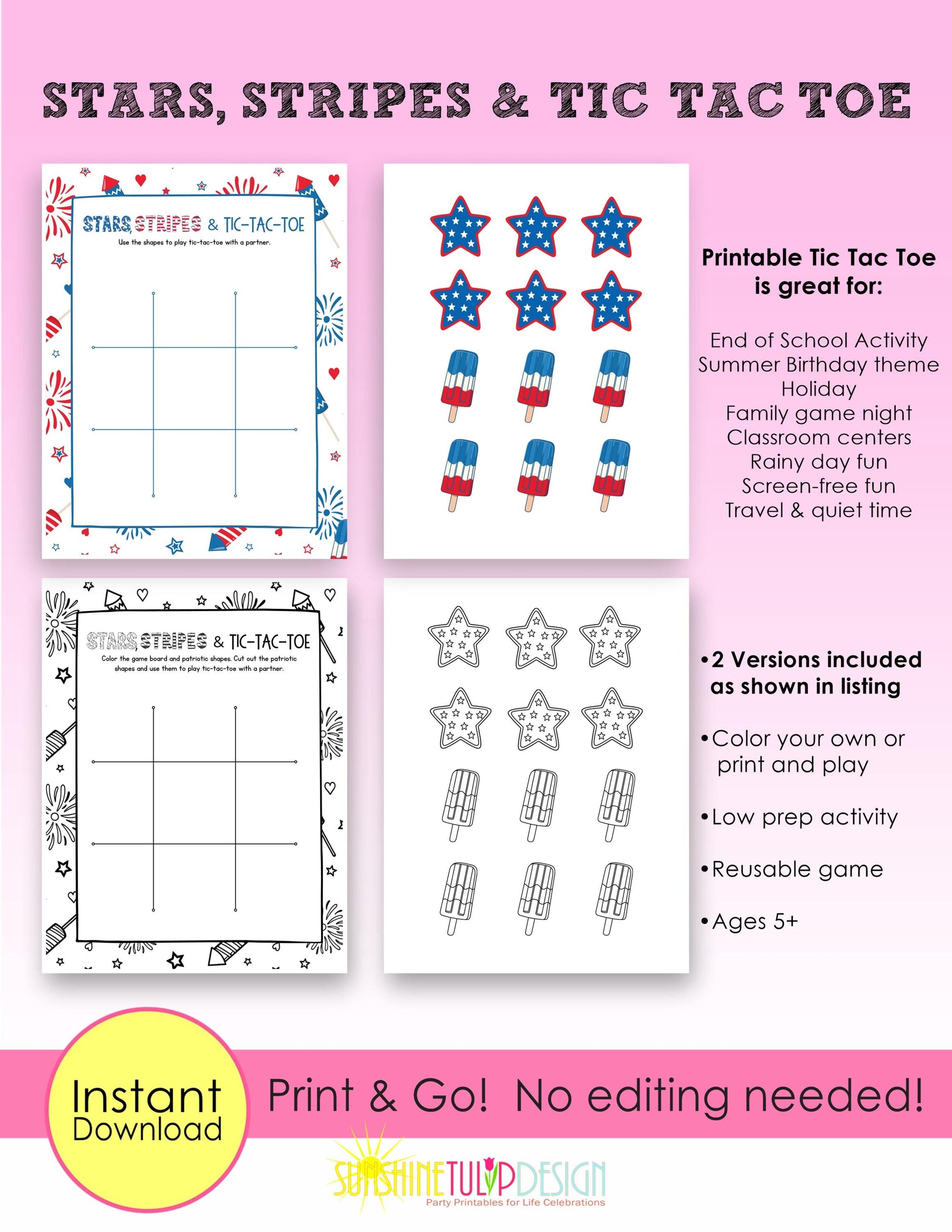 Stars, Stripes & Tic Tac Toe Printable Game | Tic Tac Toe 4th of July Activity | Summer BBQ Party Game | Road Trip Family Night Game