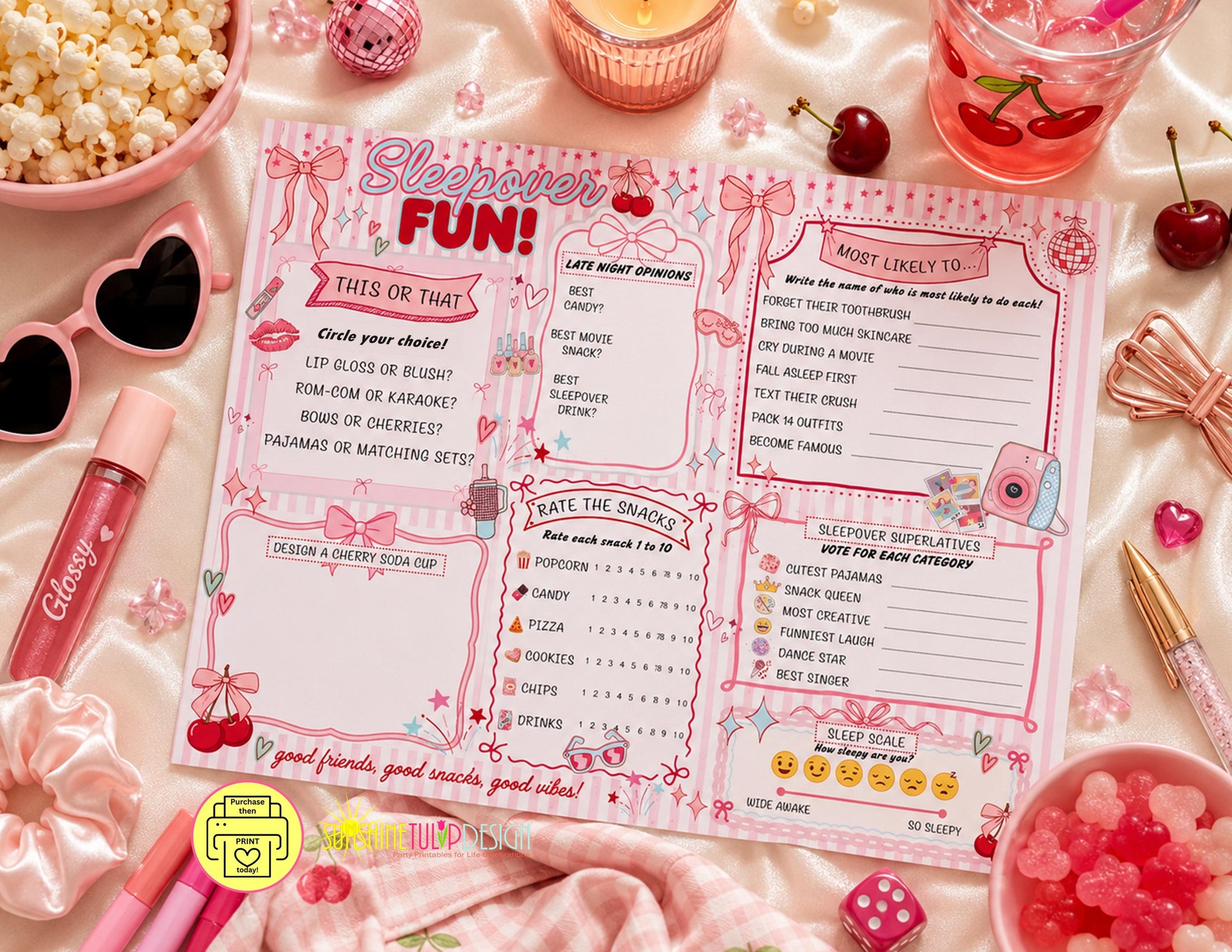 Sleepover Social Sheet Printable Game, Coquette Cherry Sleepover Activity Page for Tweens, Slumber Party Game for Girls, Bows & Cherry Party
