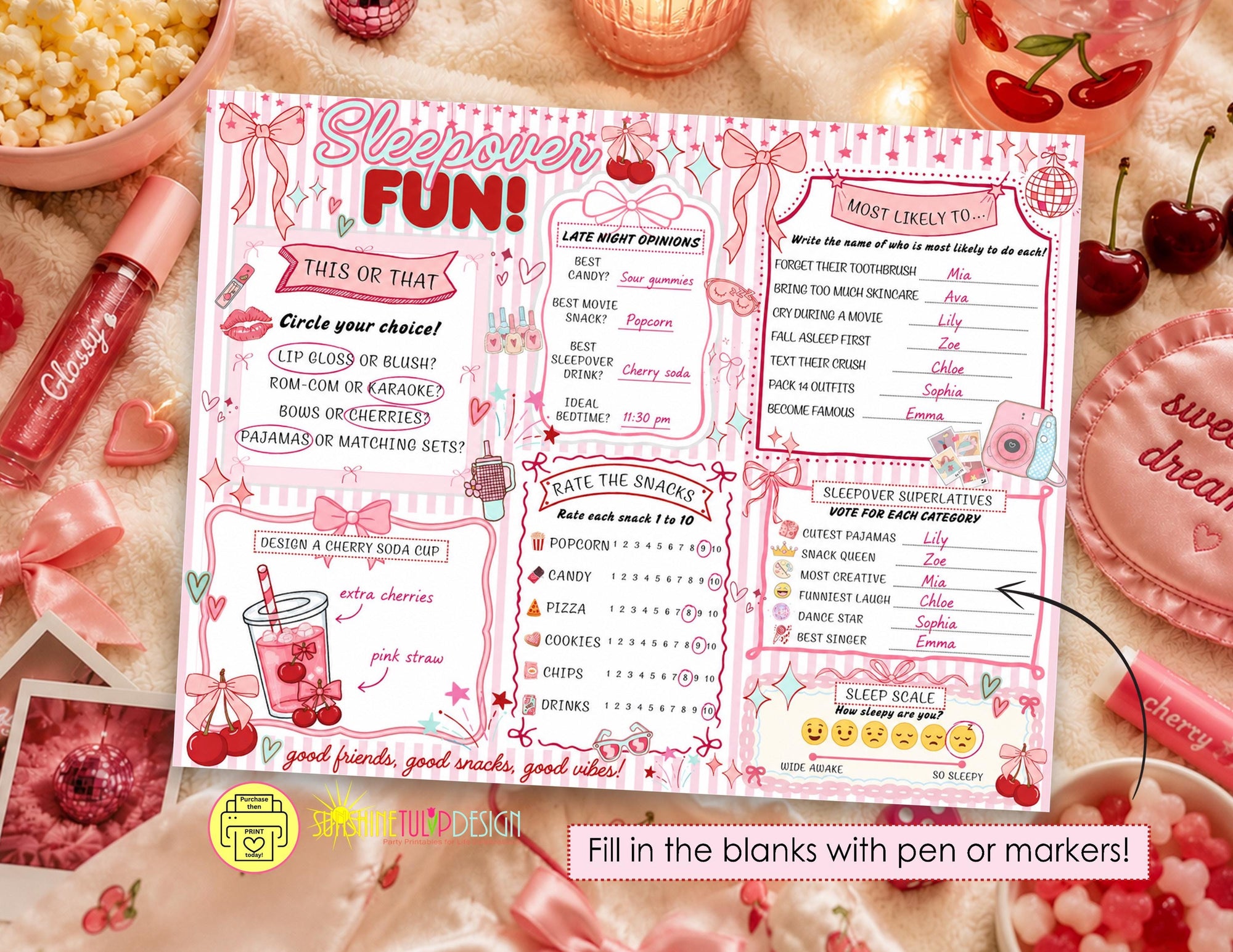 Sleepover Social Sheet Printable Game, Coquette Cherry Sleepover Activity Page for Tweens, Slumber Party Game for Girls, Bows & Cherry Party
