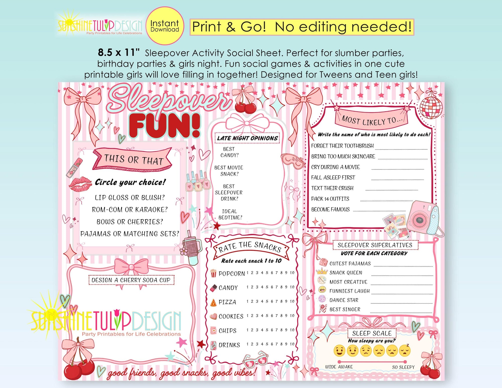 Sleepover Social Sheet Printable Game, Coquette Cherry Sleepover Activity Page for Tweens, Slumber Party Game for Girls, Bows & Cherry Party