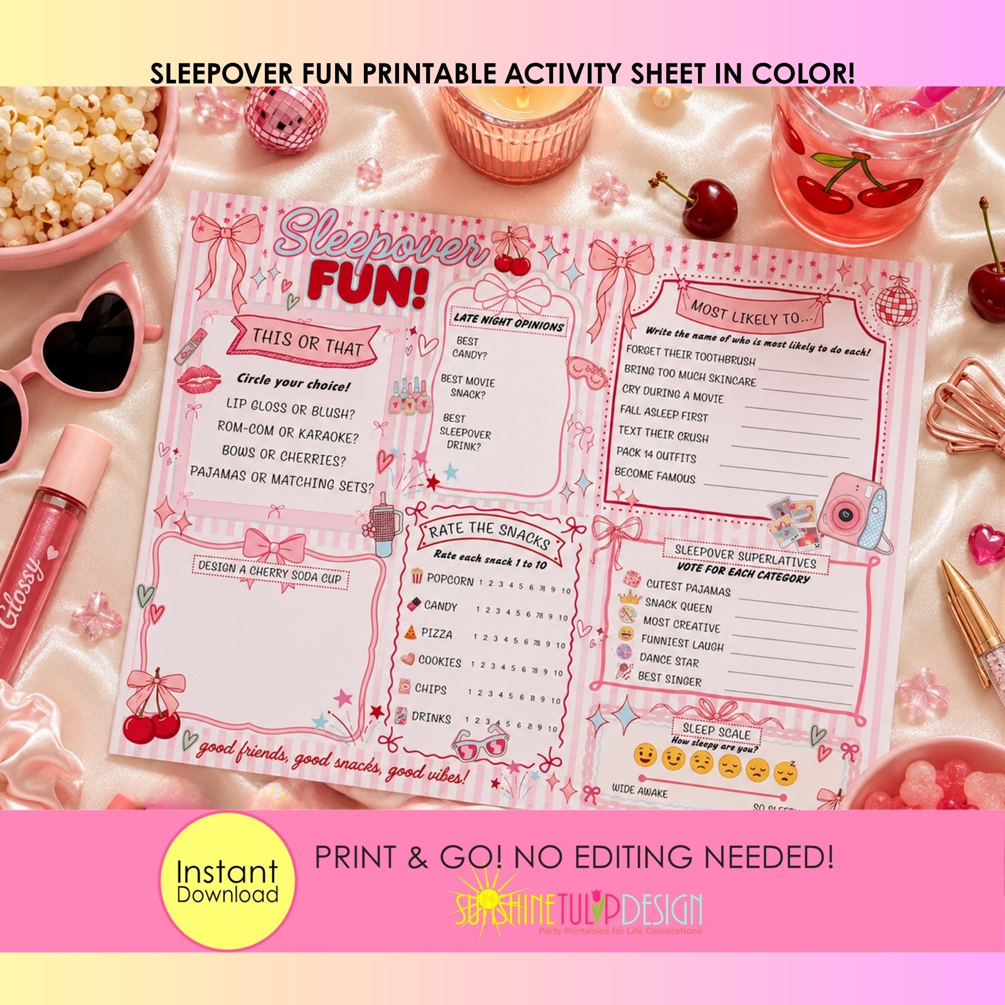 Sleepover Social Sheet Printable Game, Coquette Cherry Sleepover Activity Page for Tweens, Slumber Party Game for Girls, Bows & Cherry Party