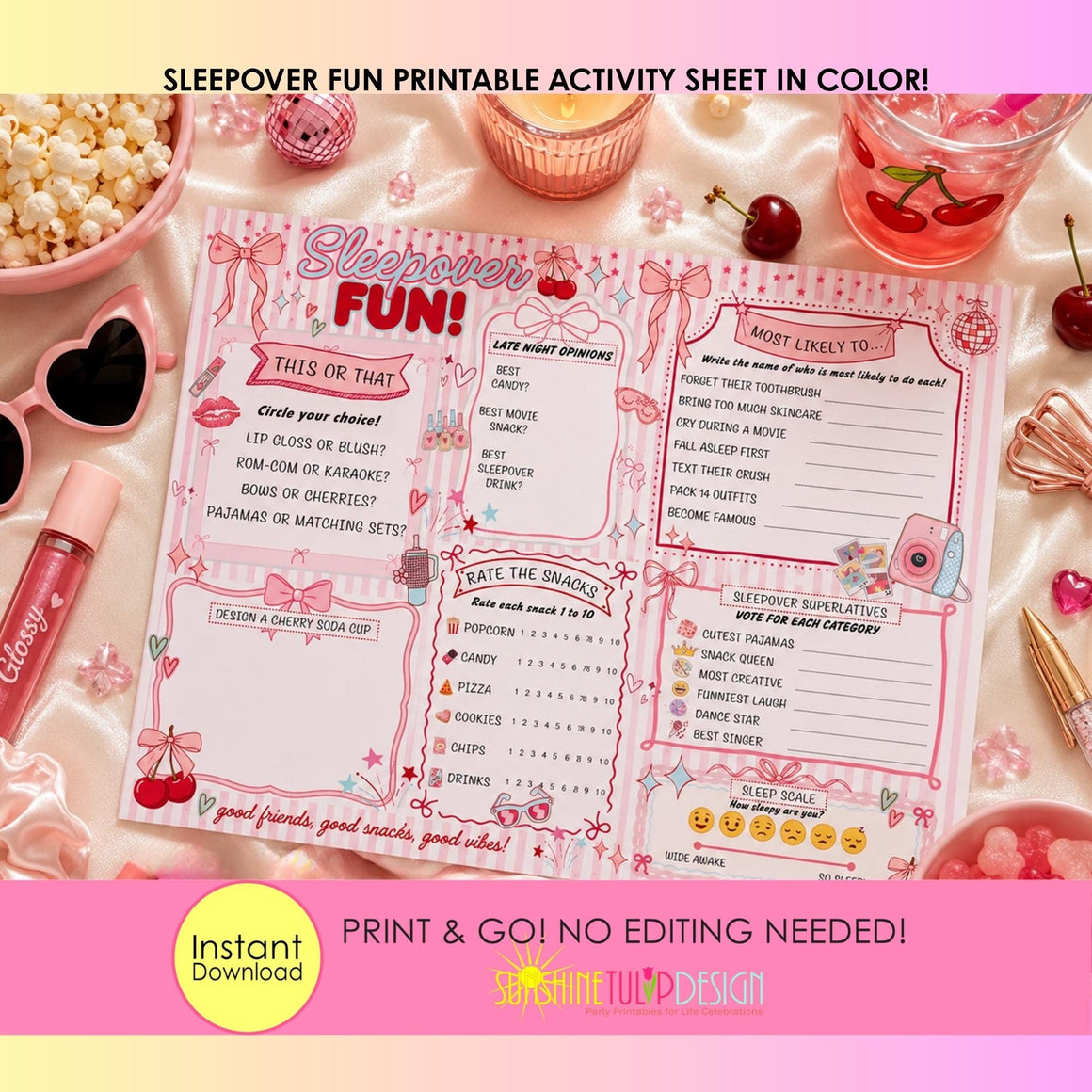 Sleepover Social Sheet Printable Game, Coquette Cherry Sleepover Activity Page for Tweens, Slumber Party Game for Girls, Bows & Cherry Party