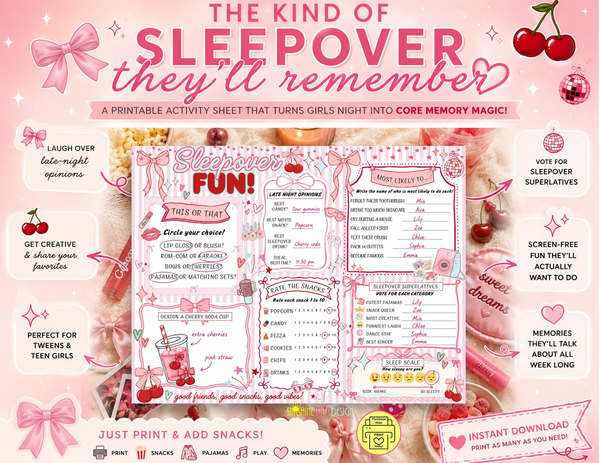 Sleepover Social Sheet Printable Game, Coquette Cherry Sleepover Activity Page for Tweens, Slumber Party Game for Girls, Bows & Cherry Party