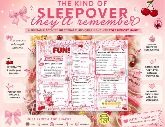 Sleepover Social Sheet Printable Game, Coquette Cherry Sleepover Activity Page for Tweens, Slumber Party Game for Girls, Bows & Cherry Party