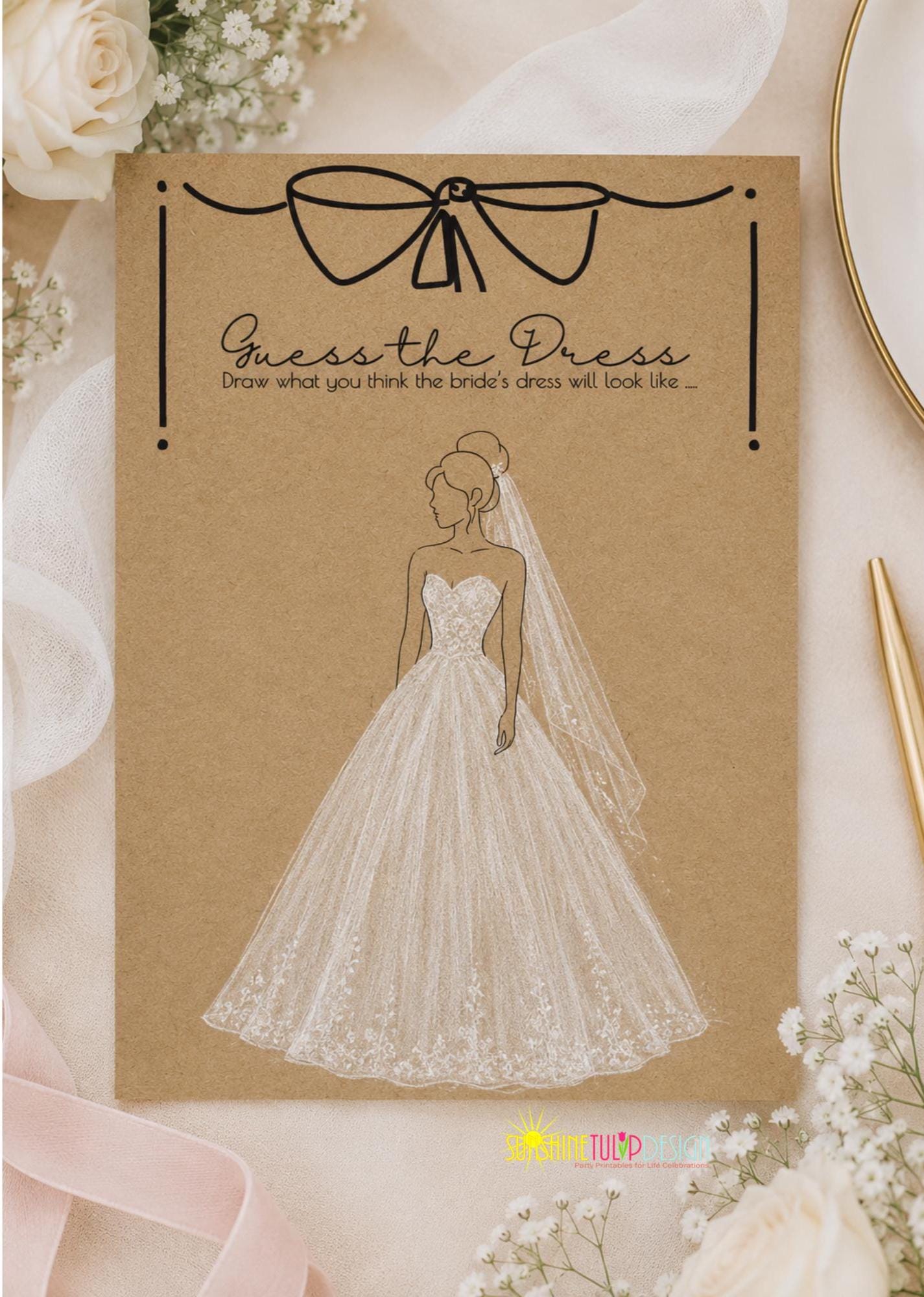Guess the Dress Bridal Shower Game Printable | Bridal Shower Games Activity | Coquette Bow Bridal Shower Decor | Pink White Kraft Paper