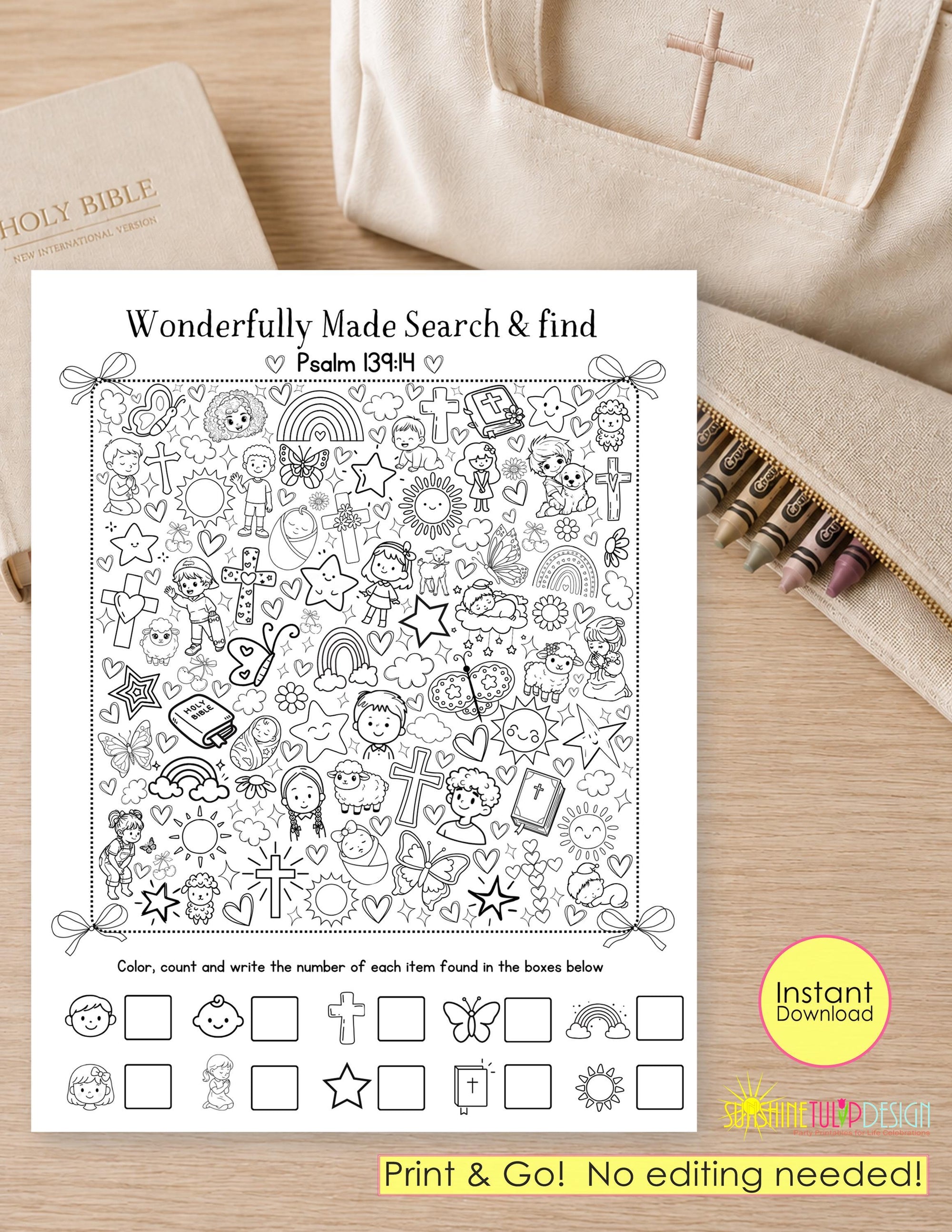 Fearfully and Wonderfully Made Search & Find Printable Activity | Psalm 139:14 | Christian Coloring I spy Activity Kids | Church Quiet Bag
