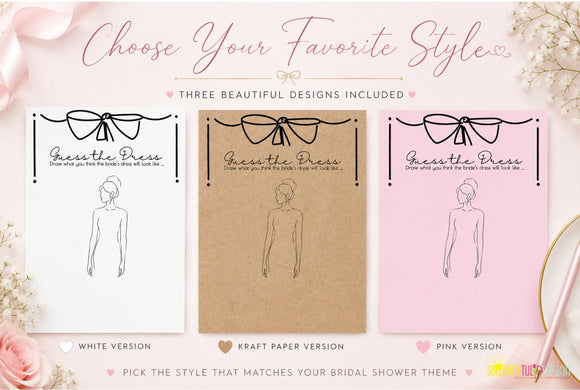 Guess the Dress Bridal Shower Game Printable | Bridal Shower Games Activity | Coquette Bow Bridal Shower Decor | Pink White Kraft Paper