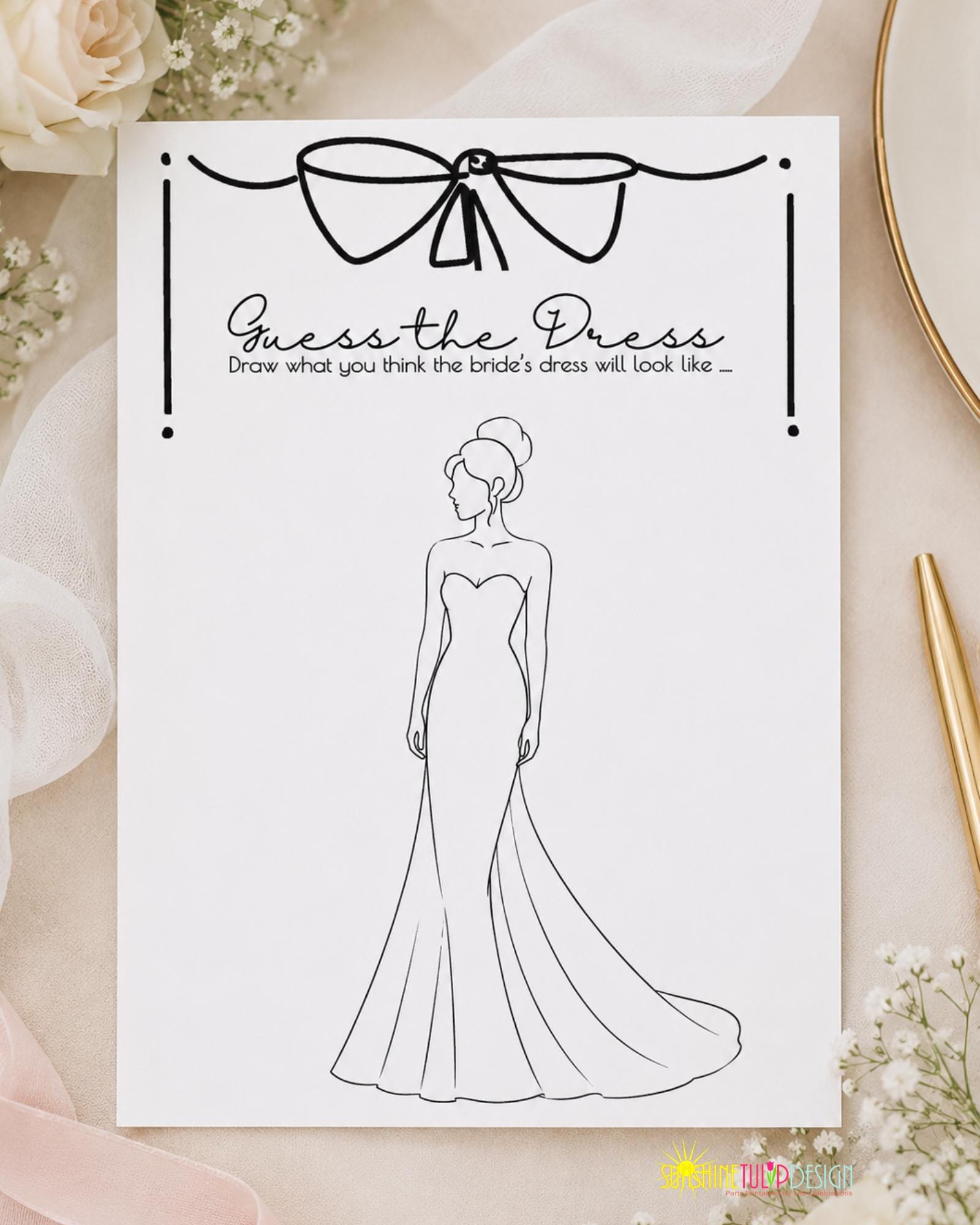 Guess the Dress Bridal Shower Game Printable | Bridal Shower Games Activity | Coquette Bow Bridal Shower Decor | Pink White Kraft Paper