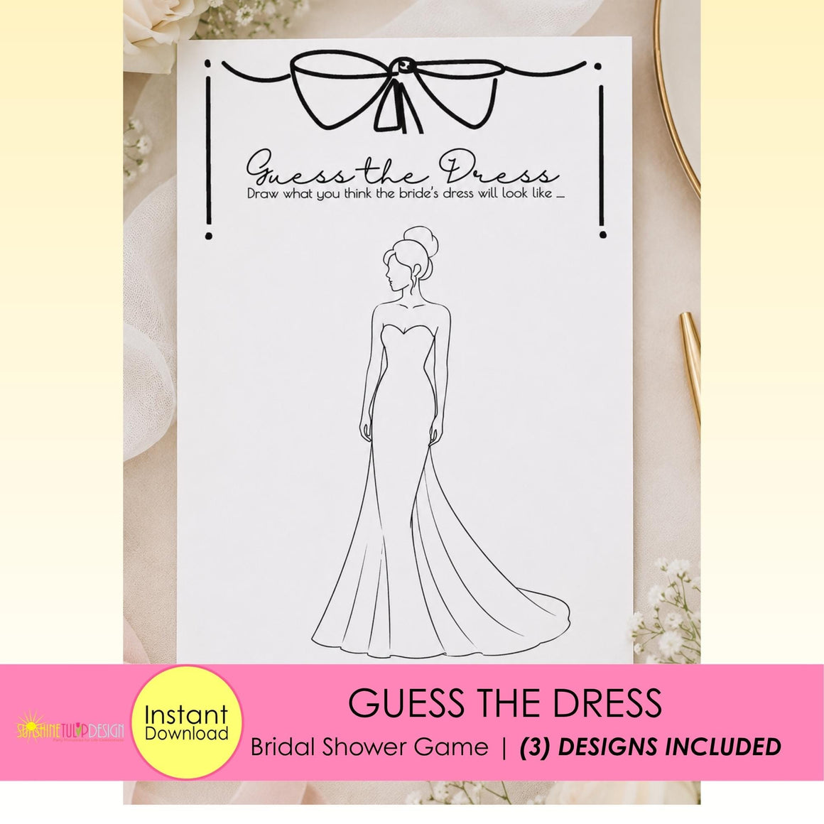 Guess the Dress Bridal Shower Game Printable | Bridal Shower Games Activity | Coquette Bow Bridal Shower Decor | Pink White Kraft Paper