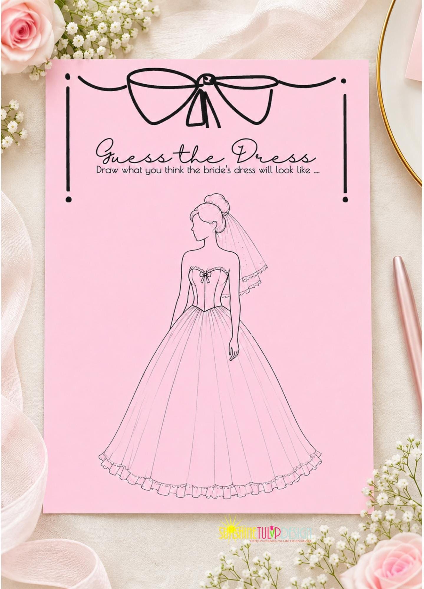 Guess the Dress Bridal Shower Game Printable | Bridal Shower Games Activity | Coquette Bow Bridal Shower Decor | Pink White Kraft Paper