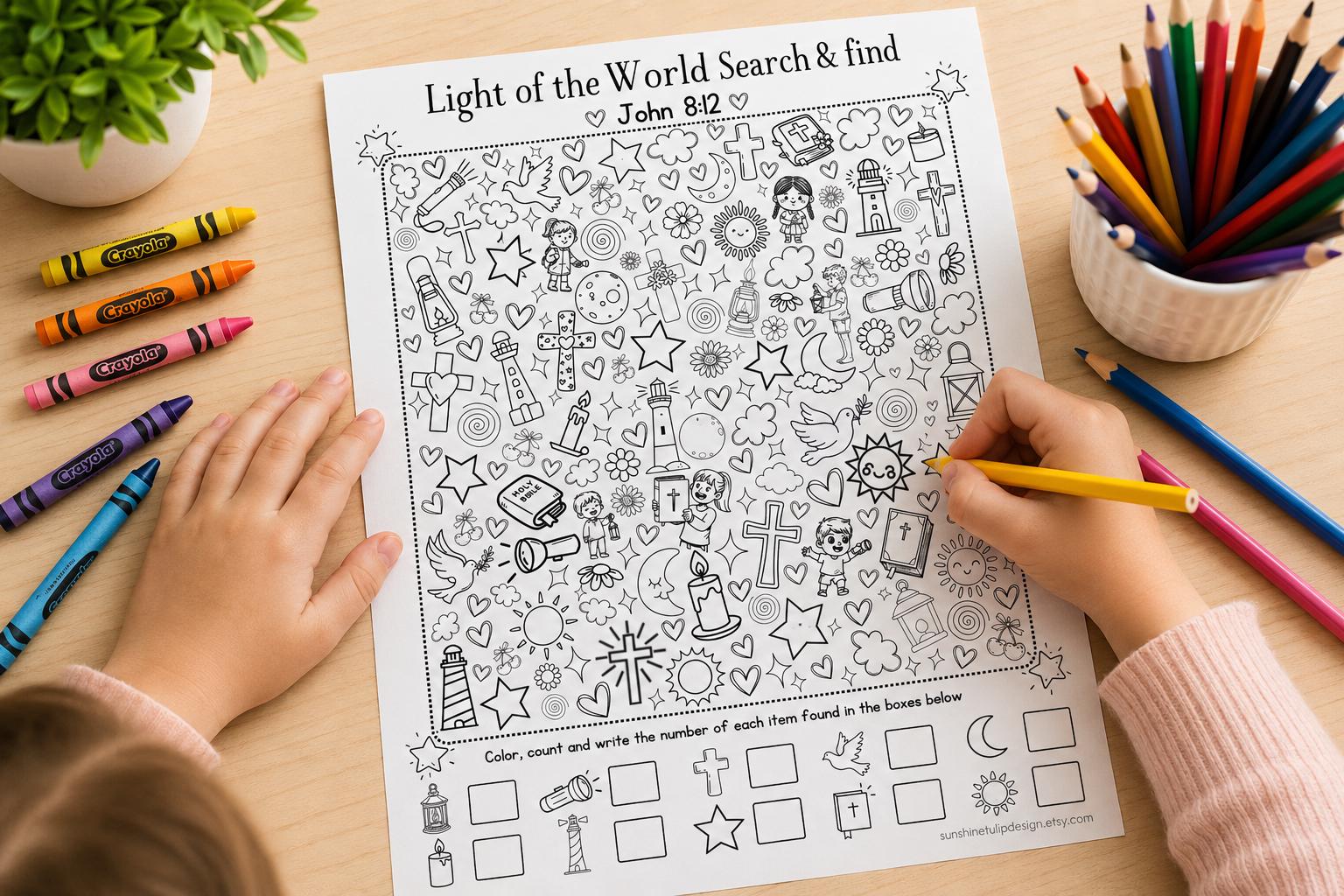 LIGHT of the World Search & Find Activity Printable | John 8:12 Bible Coloring Page | Christian I Spy | Hidden Object Digital Download PDF