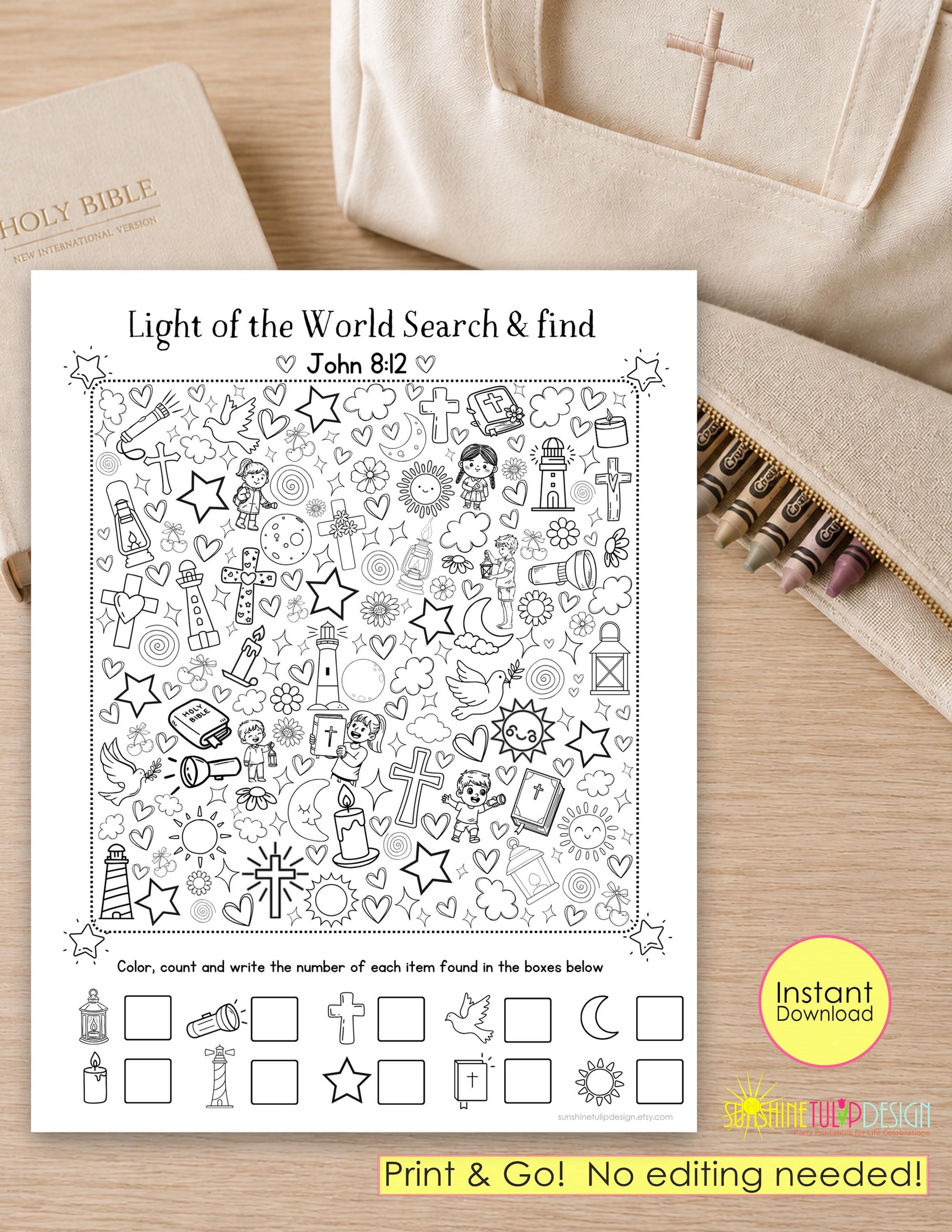 LIGHT of the World Search & Find Activity Printable | John 8:12 Bible Coloring Page | Christian I Spy | Hidden Object Digital Download PDF