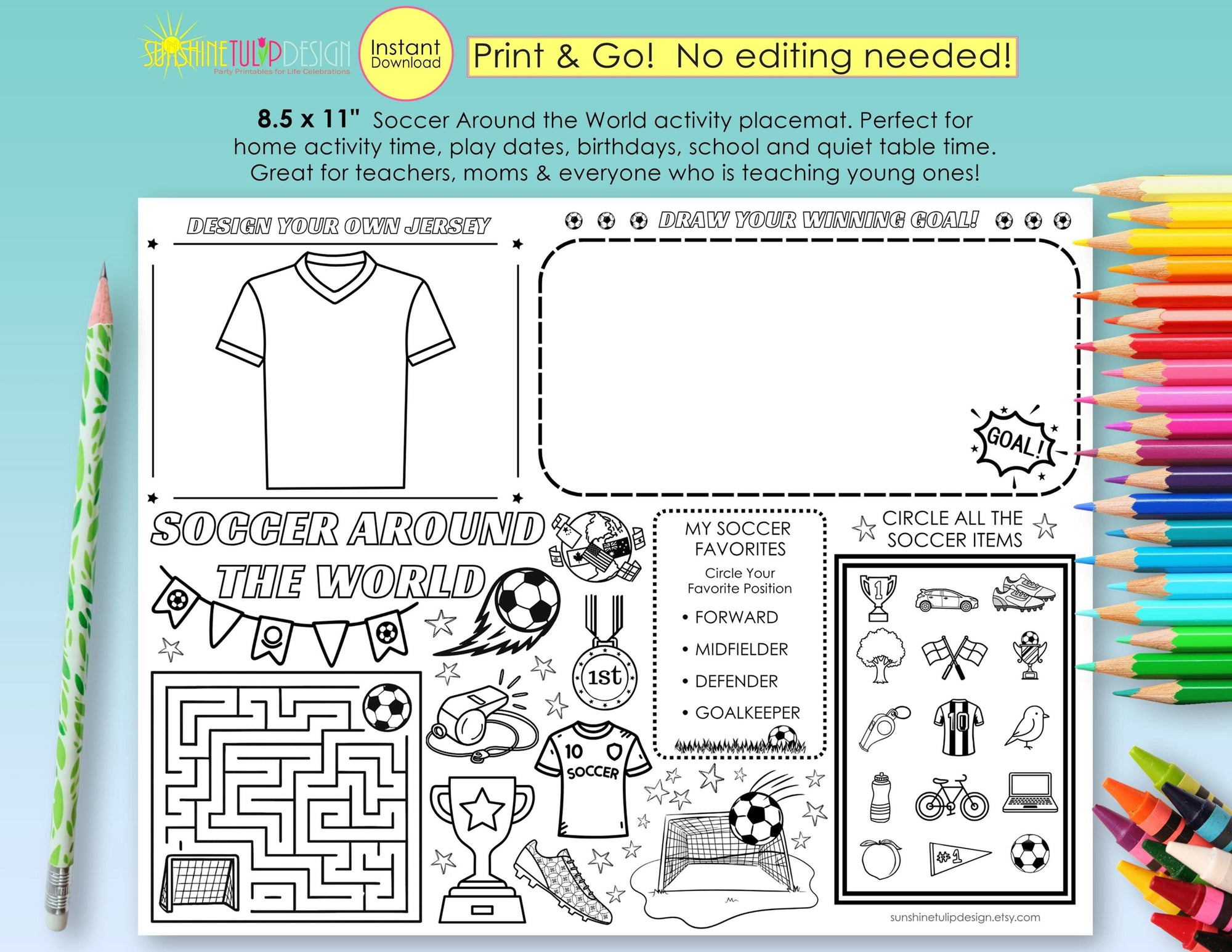 Soccer Activity Placemat Printable, Soccer Around the World Worksheet, Soccer Party Activity Sheet, Kids Soccer Coloring Page, Print and Go
