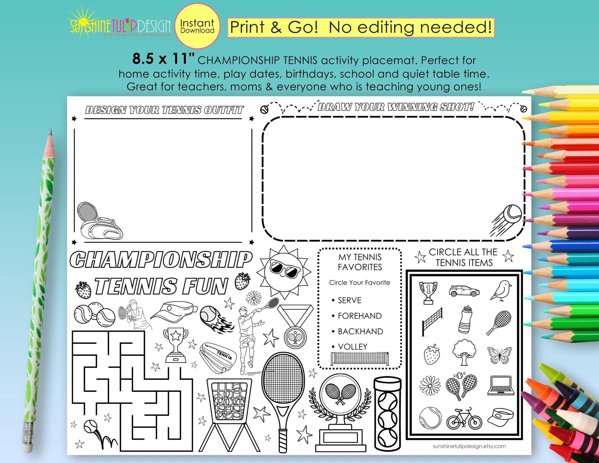Tennis Activity Placemat Printable, Championship Tennis Fun Worksheet, Tennis Party Activity Sheet, Kids Tennis Coloring Page, Print and Go