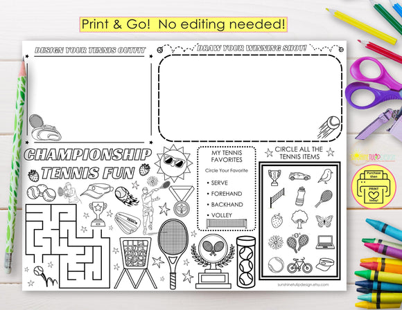 Tennis Activity Placemat Printable, Championship Tennis Fun Worksheet, Tennis Party Activity Sheet, Kids Tennis Coloring Page, Print and Go