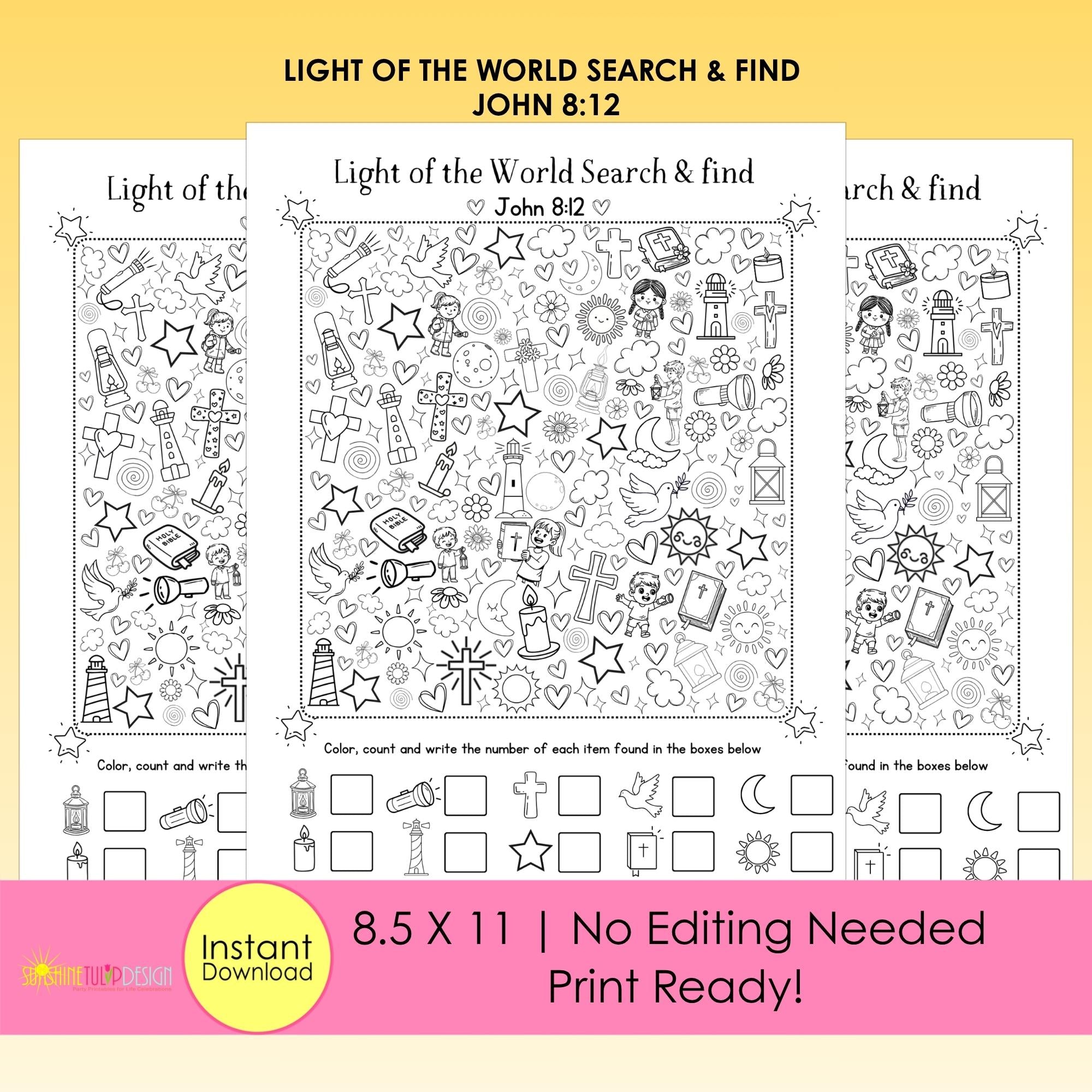 LIGHT of the World Search & Find Activity Printable | John 8:12 Bible Coloring Page | Christian I Spy | Hidden Object Digital Download PDF