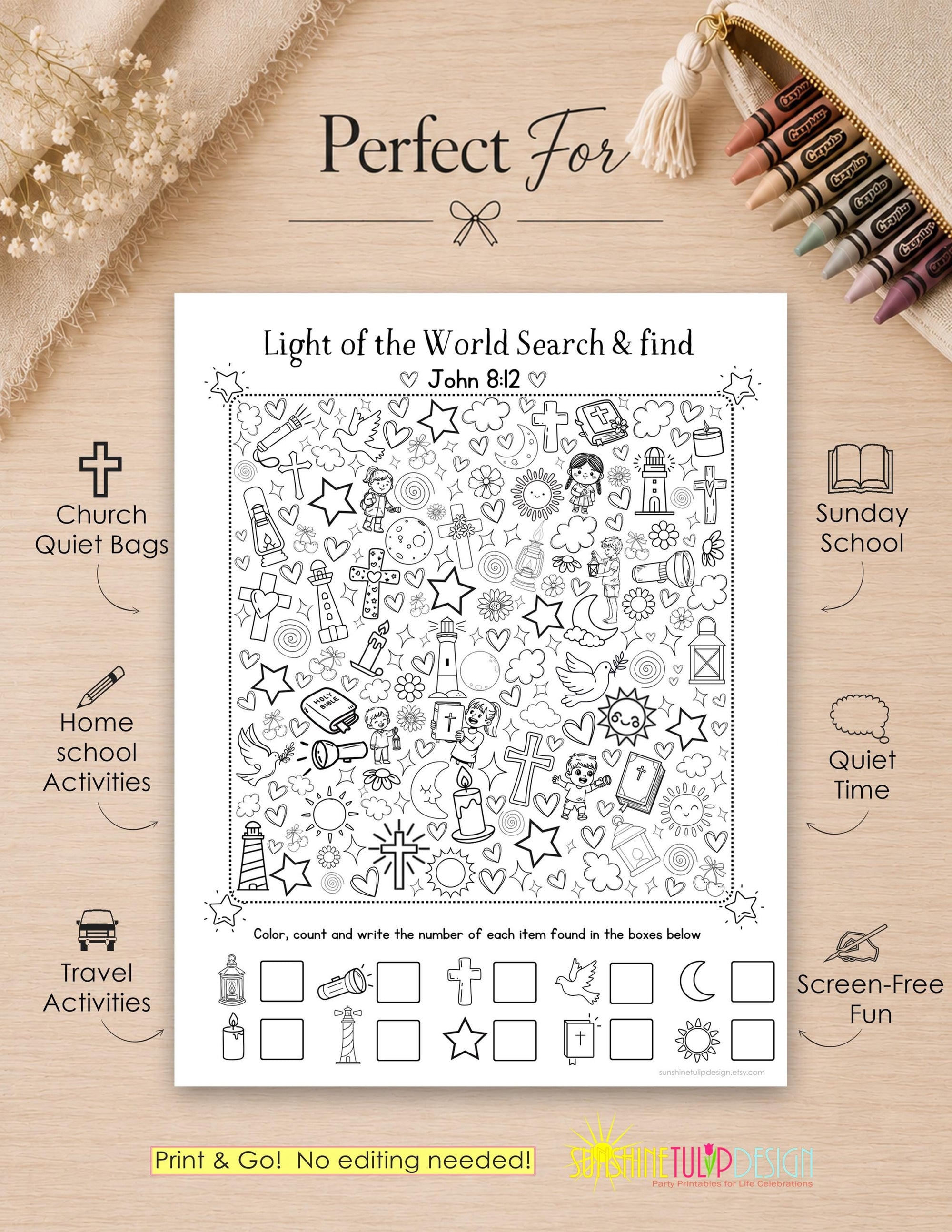 LIGHT of the World Search & Find Activity Printable | John 8:12 Bible Coloring Page | Christian I Spy | Hidden Object Digital Download PDF