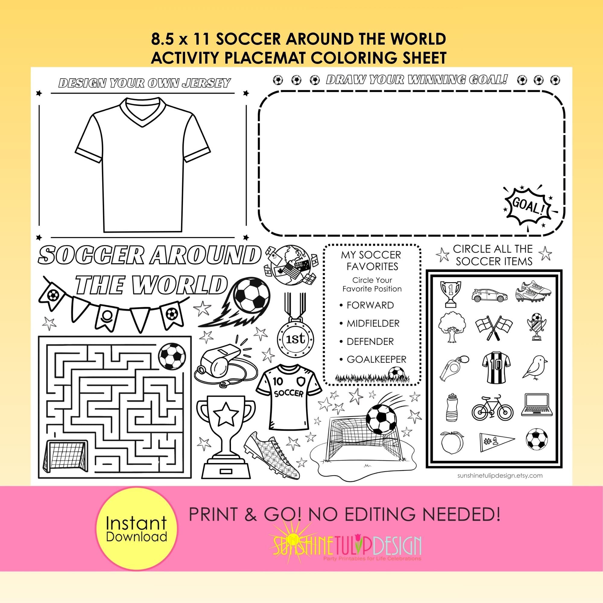 Soccer Activity Placemat Printable, Soccer Around the World Worksheet, Soccer Party Activity Sheet, Kids Soccer Coloring Page, Print and Go