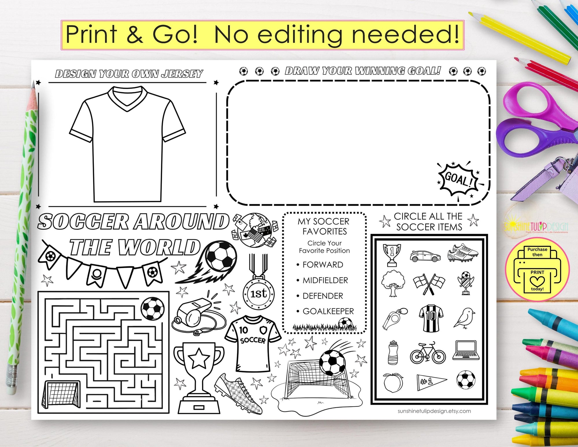Soccer Activity Placemat Printable, Soccer Around the World Worksheet, Soccer Party Activity Sheet, Kids Soccer Coloring Page, Print and Go