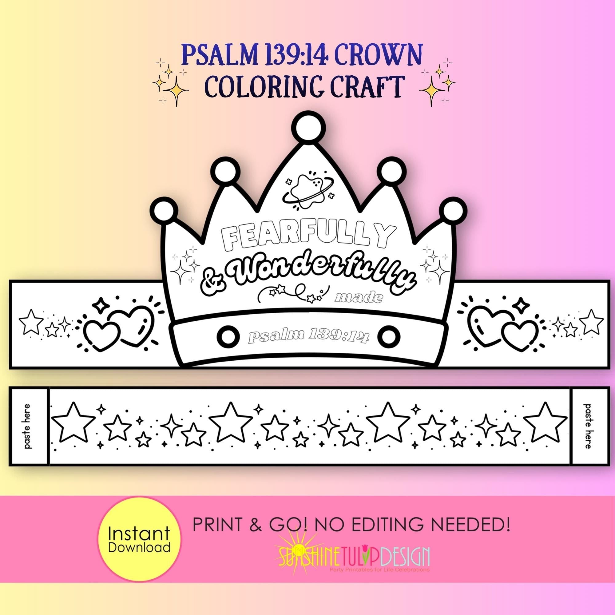 PSALM 139:14 Crown Craft Printable | Fearfully & Wonderfully Made Coloring Christian Craft Activity | VBS Craft | Sunday School Printable