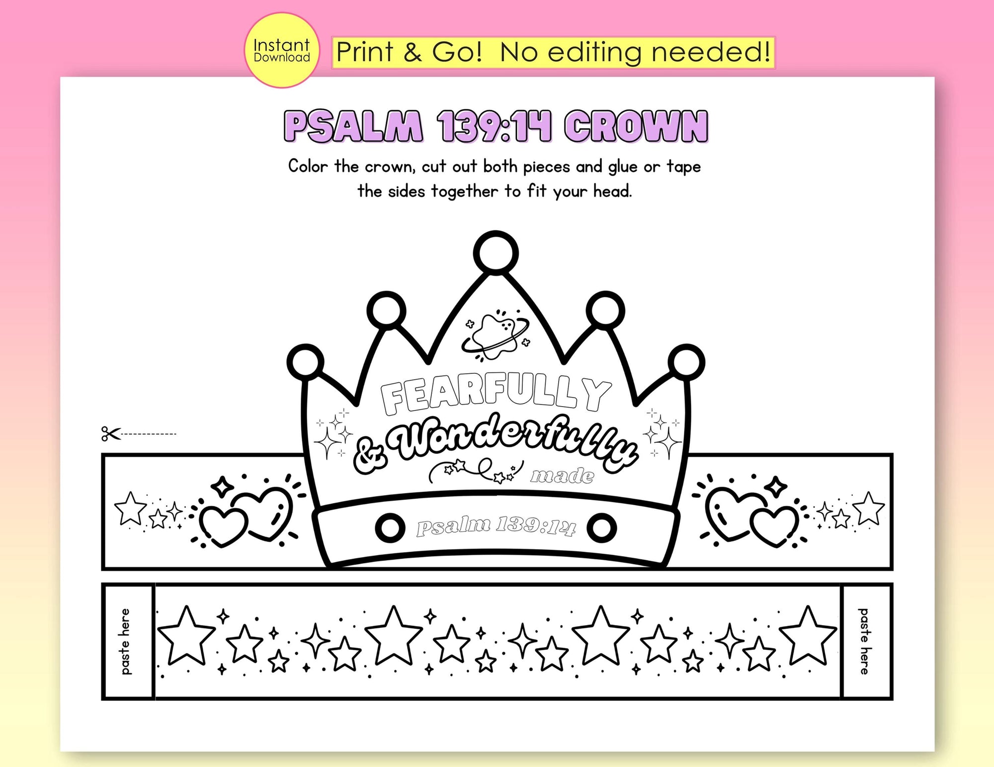 PSALM 139:14 Crown Craft Printable | Fearfully & Wonderfully Made Coloring Christian Craft Activity | VBS Craft | Sunday School Printable