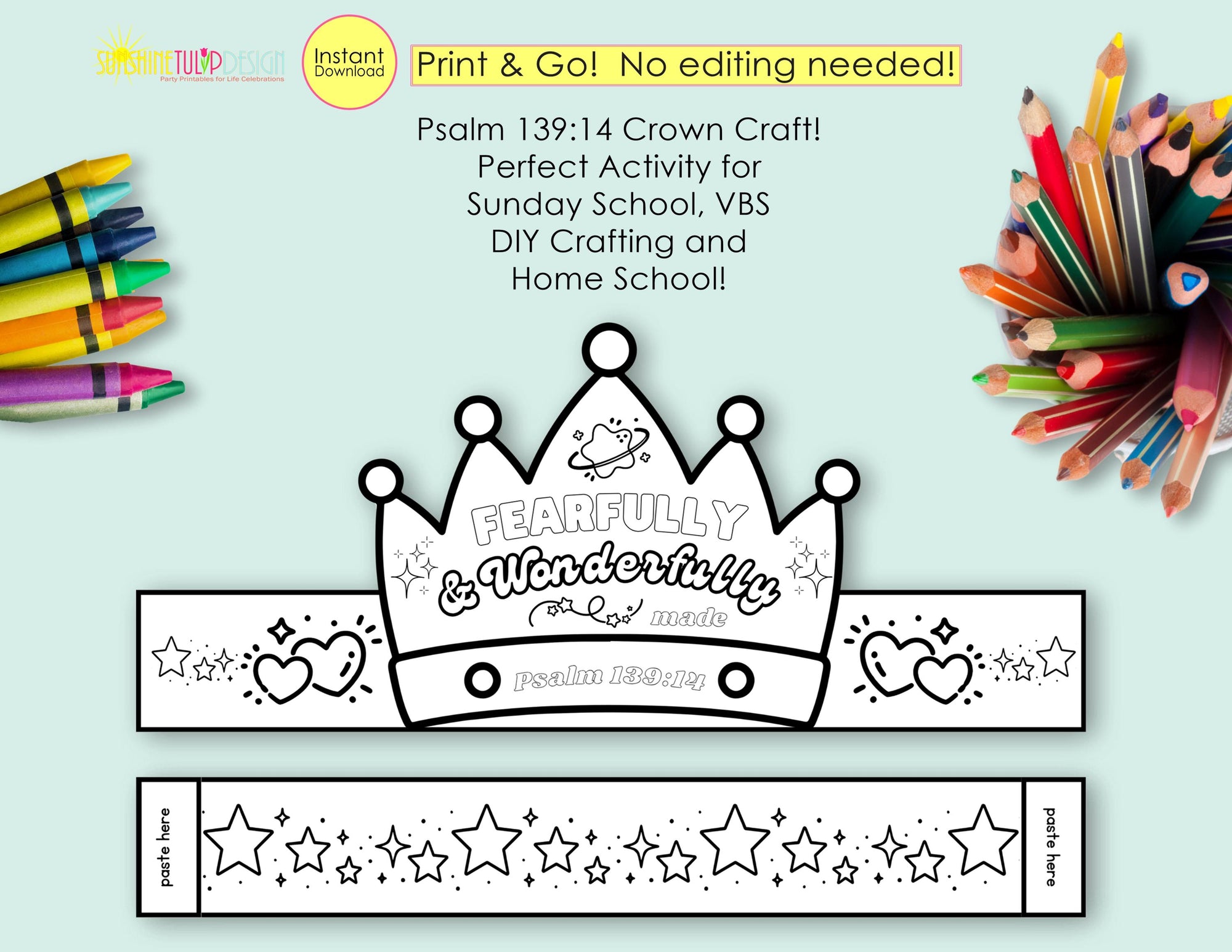 PSALM 139:14 Crown Craft Printable | Fearfully & Wonderfully Made Coloring Christian Craft Activity | VBS Craft | Sunday School Printable