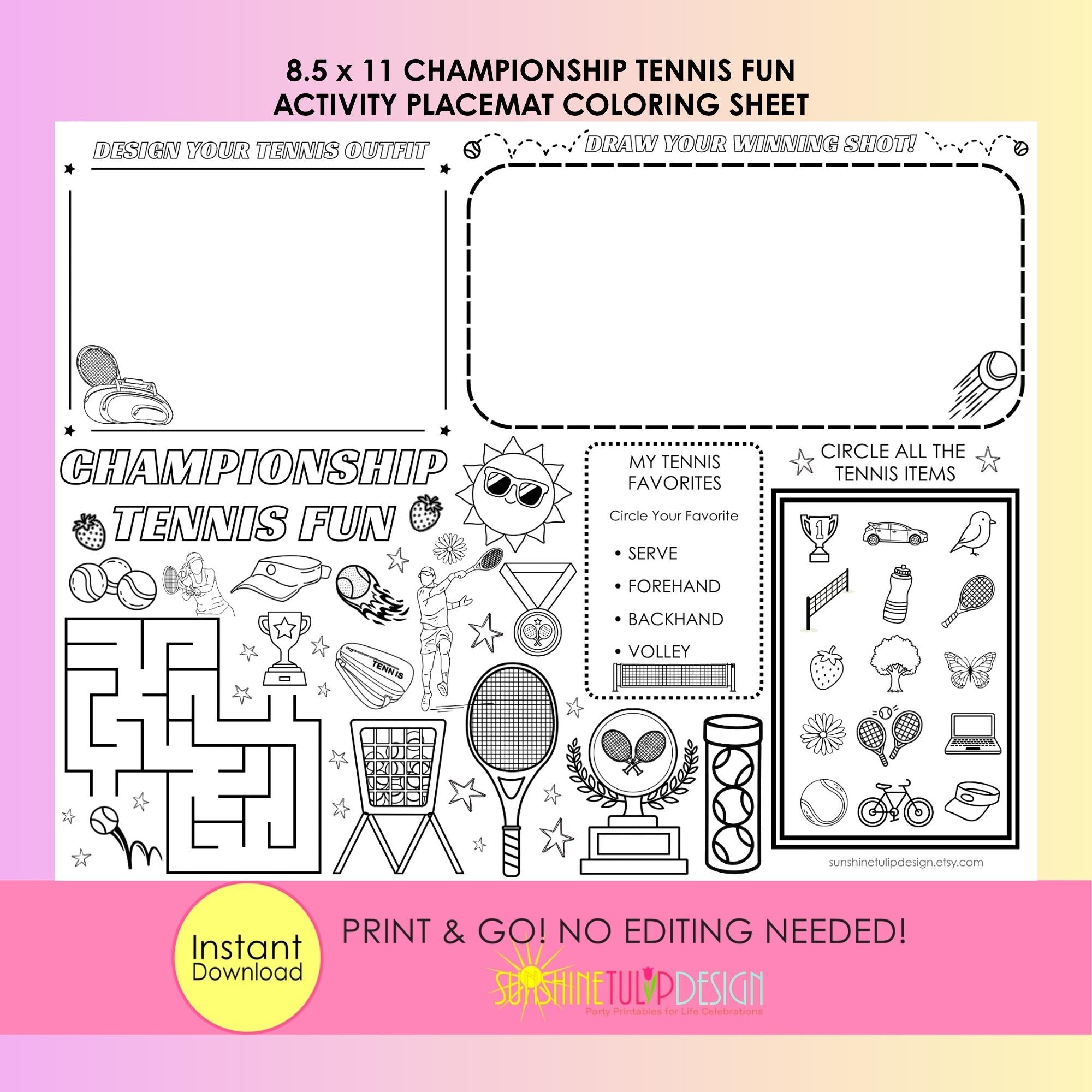 Tennis Activity Placemat Printable, Championship Tennis Fun Worksheet, Tennis Party Activity Sheet, Kids Tennis Coloring Page, Print and Go