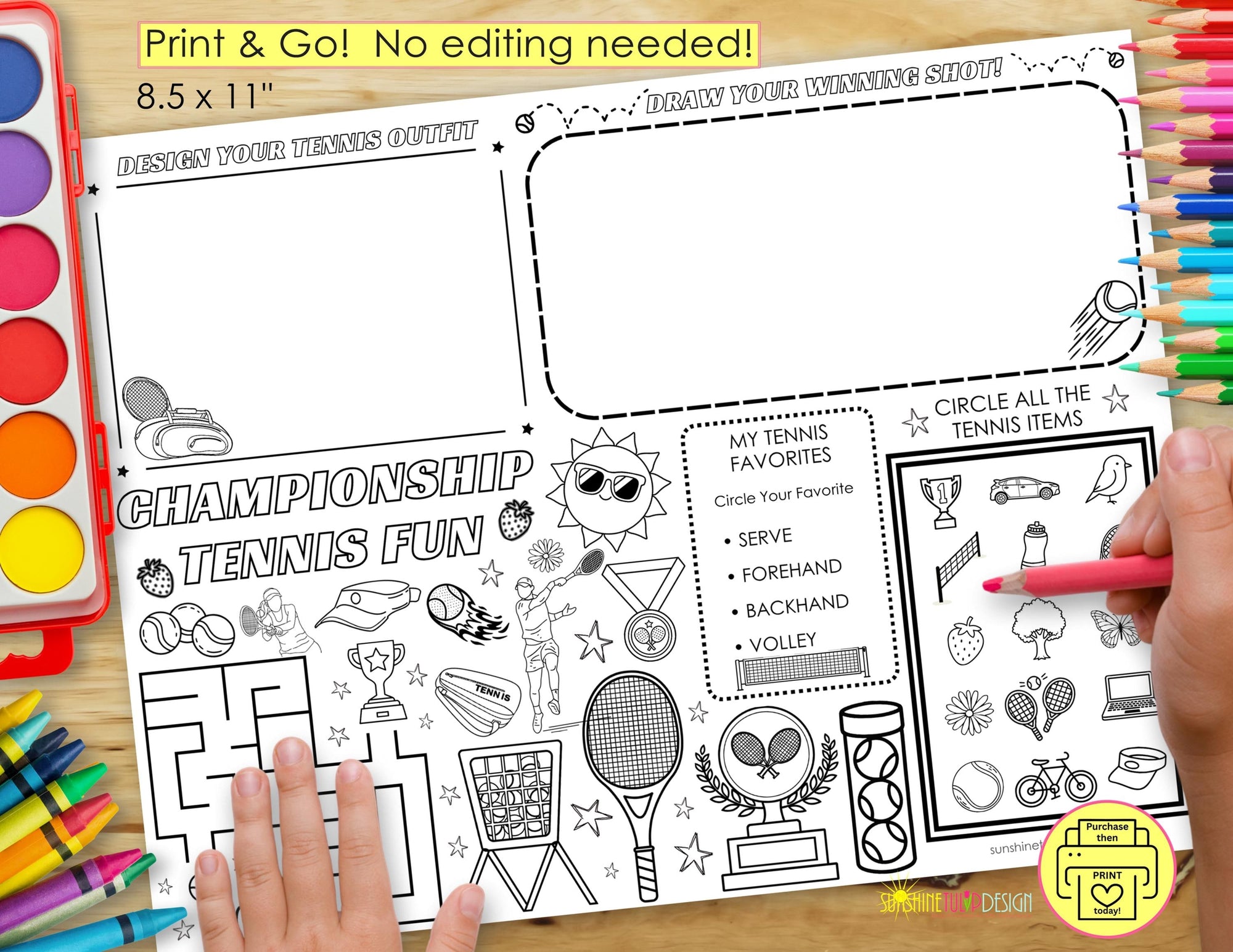 Tennis Activity Placemat Printable, Championship Tennis Fun Worksheet, Tennis Party Activity Sheet, Kids Tennis Coloring Page, Print and Go