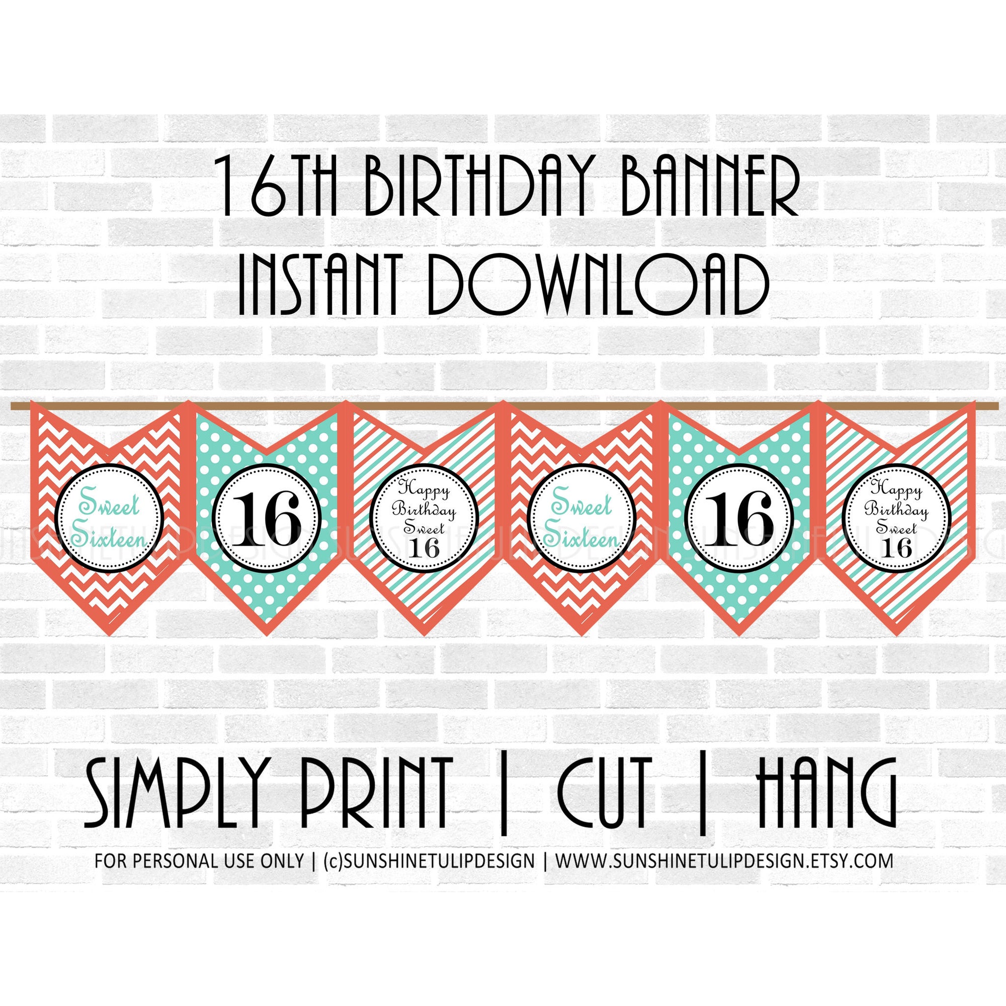Printable 16th Birthday Party Banner, Sweet 16 Birthday Banner,  Coral & Aqua Chevron Banner by SUNSHINETULIPDESIGN - Sunshinetulipdesign - 1