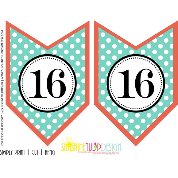 Printable 16th Birthday Party Banner, Sweet 16 Birthday Banner,  Coral & Aqua Chevron Banner by SUNSHINETULIPDESIGN - Sunshinetulipdesign - 1