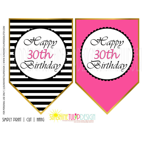 Printable 30th Birthday Hot Pink & Black Stripe Banner - Sunshinetulipdesign - 1