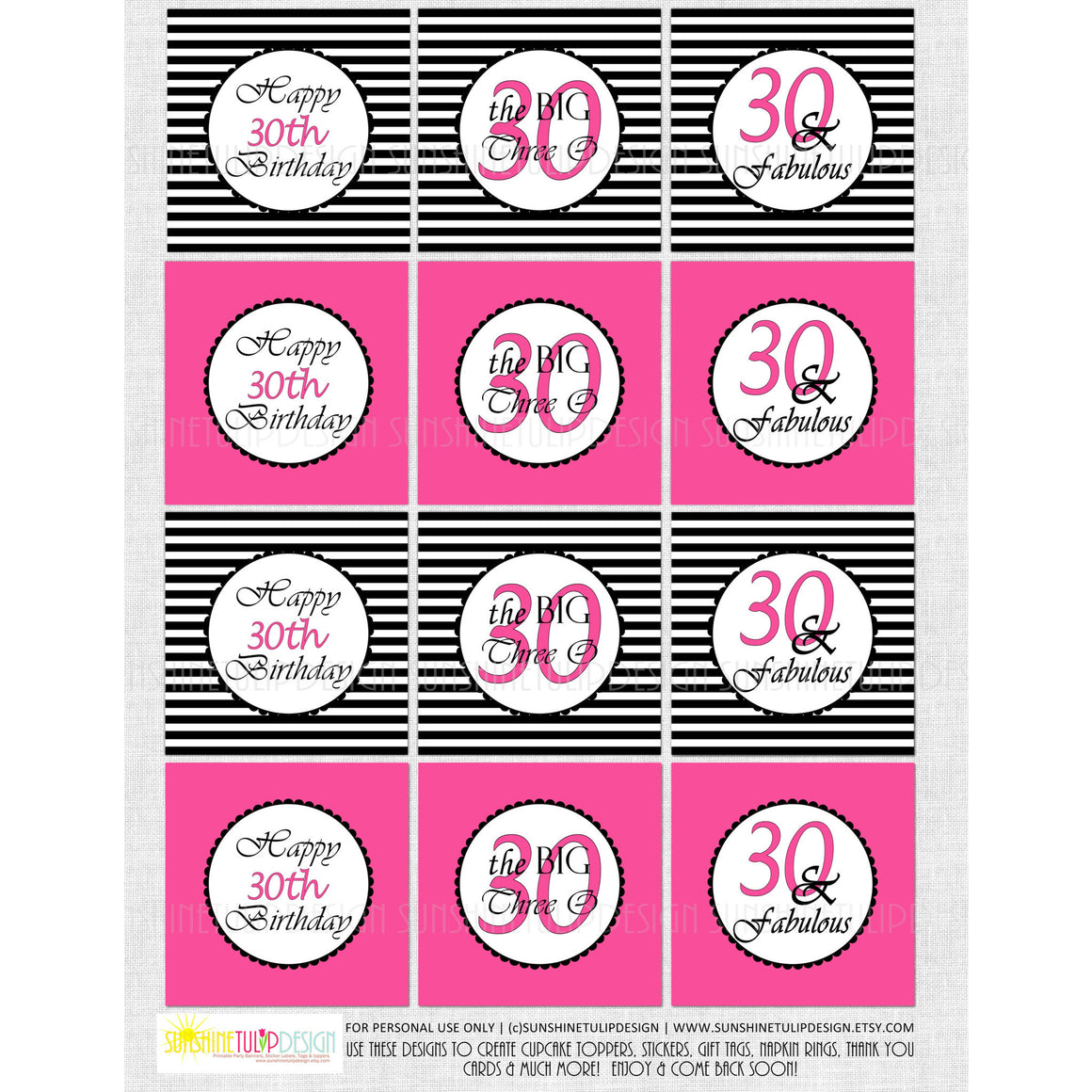 Printable 30th Birthday Hot Pink & Stripe Cupcake Toppers, Sticker Labels & Party Favor Tags - Sunshinetulipdesign