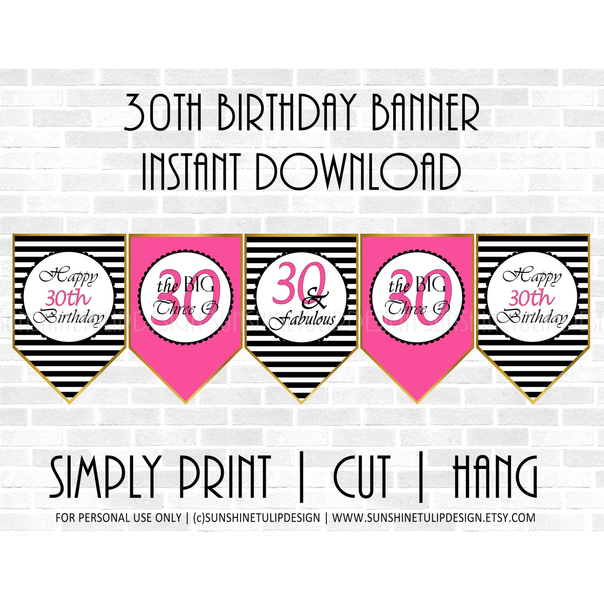 Printable 30th Birthday Hot Pink & Black Stripe Banner - Sunshinetulipdesign - 1