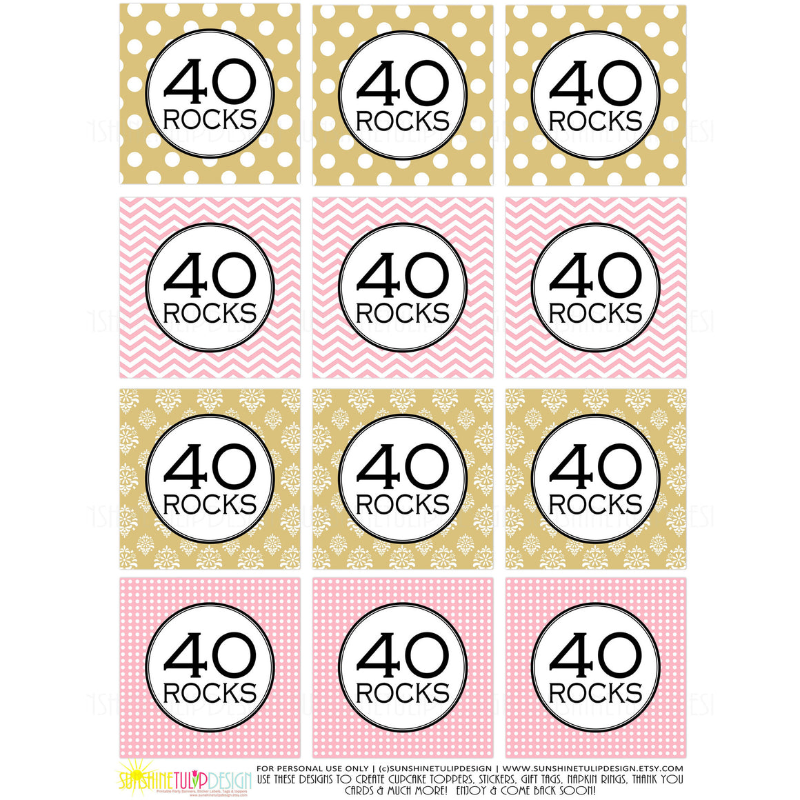 Printable 40th Birthday, 40 Rocks Cupcake Toppers, & Party Favor Tags - Sunshinetulipdesign printable-40th-birthday-40-rocks-cupcake-toppers-party-favor-tags-sunshinetulipdesign