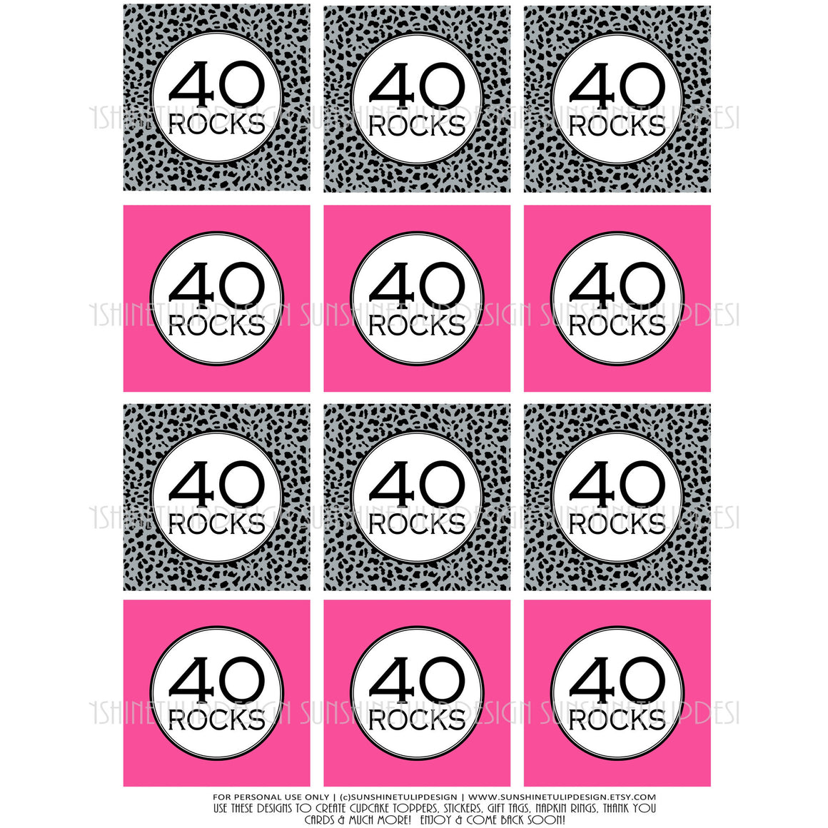 Printable 40th Birthday Cupcake Toppers, Sticker Labels & Party Favor Tags - Sunshinetulipdesign